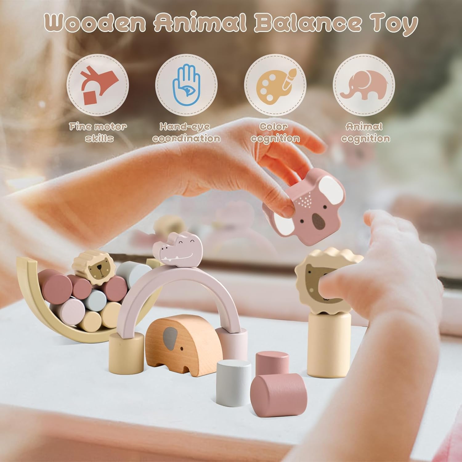 Wooden Stacking Toys - 3-in-1 Animal Balancing Blocks Set with 21 Pieces - Educational Building Blocks for Toddlers Ages 1-3 - Color Recognition and