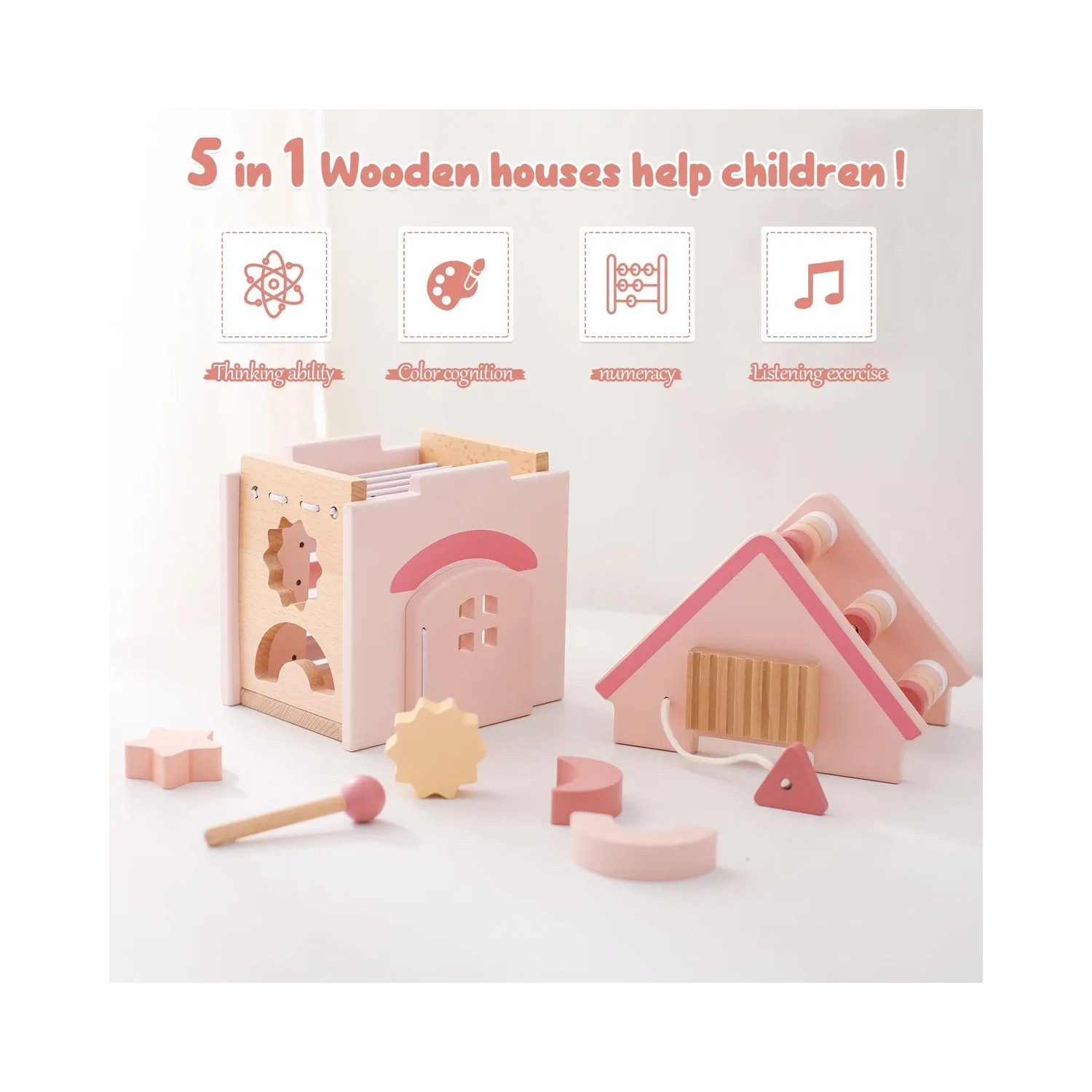 Wooden Activity Cube - House 5-in-1 Learning Toy with Shape Sorter, Musical Xylophone and Abacus - Early Childhood Educational Toy to Develop Fine