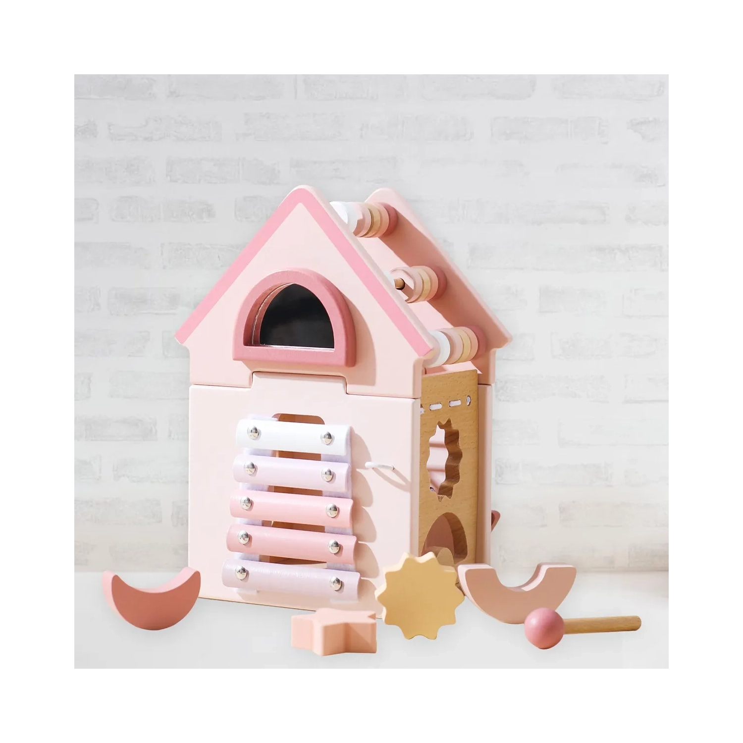 Wooden Activity Cube - House 5-in-1 Learning Toy with Shape Sorter, Musical Xylophone and Abacus - Early Childhood Educational Toy to Develop Fine