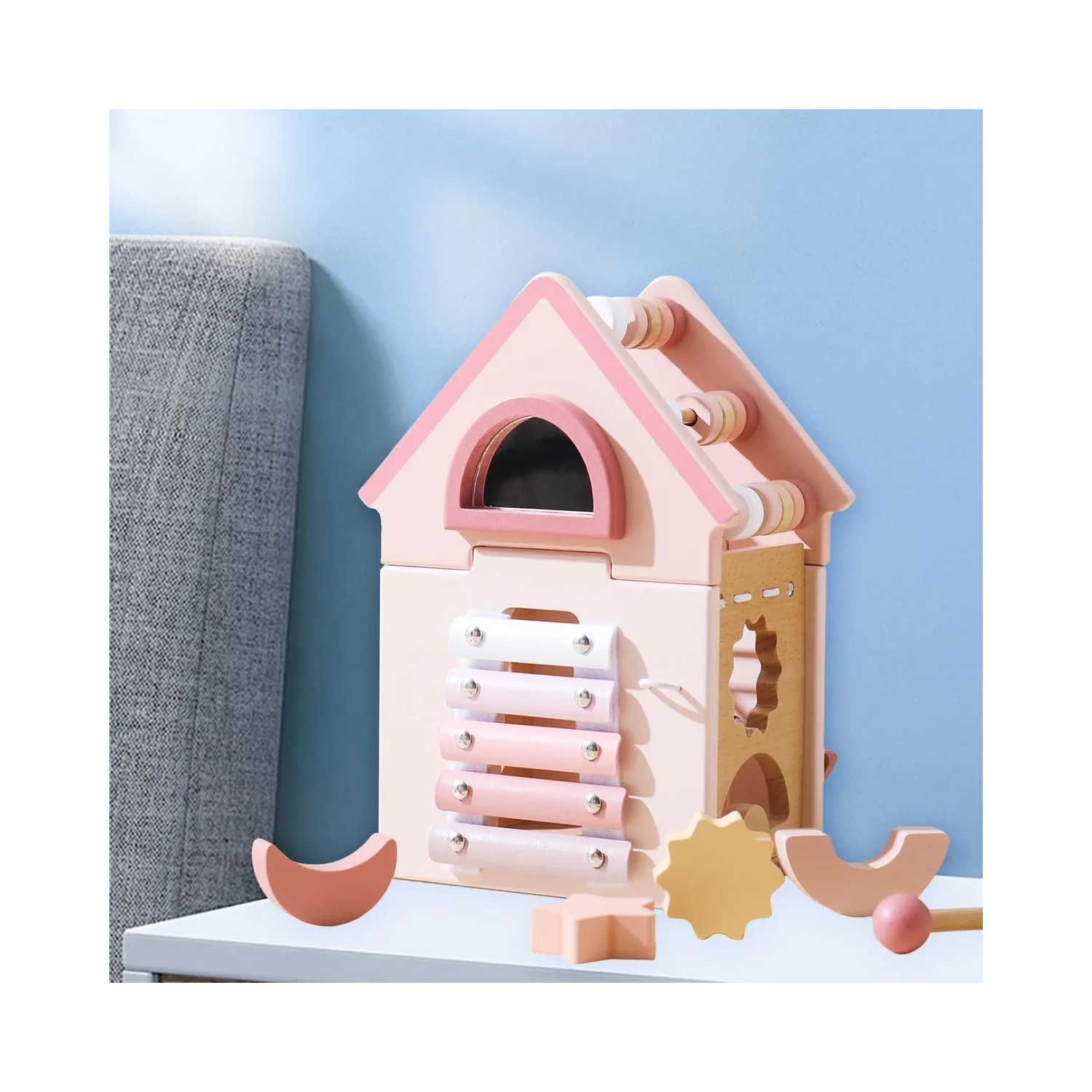 Wooden Activity Cube - House 5-in-1 Learning Toy with Shape Sorter, Musical Xylophone and Abacus - Early Childhood Educational Toy to Develop Fine