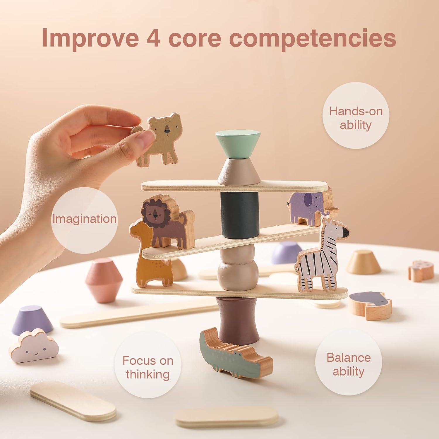 Wooden Animal Stacking Toys - Balancing Block Set for Toddlers - Educational Blocks to Develop Fine Motor Skills and Creativity - Wooden Block Game