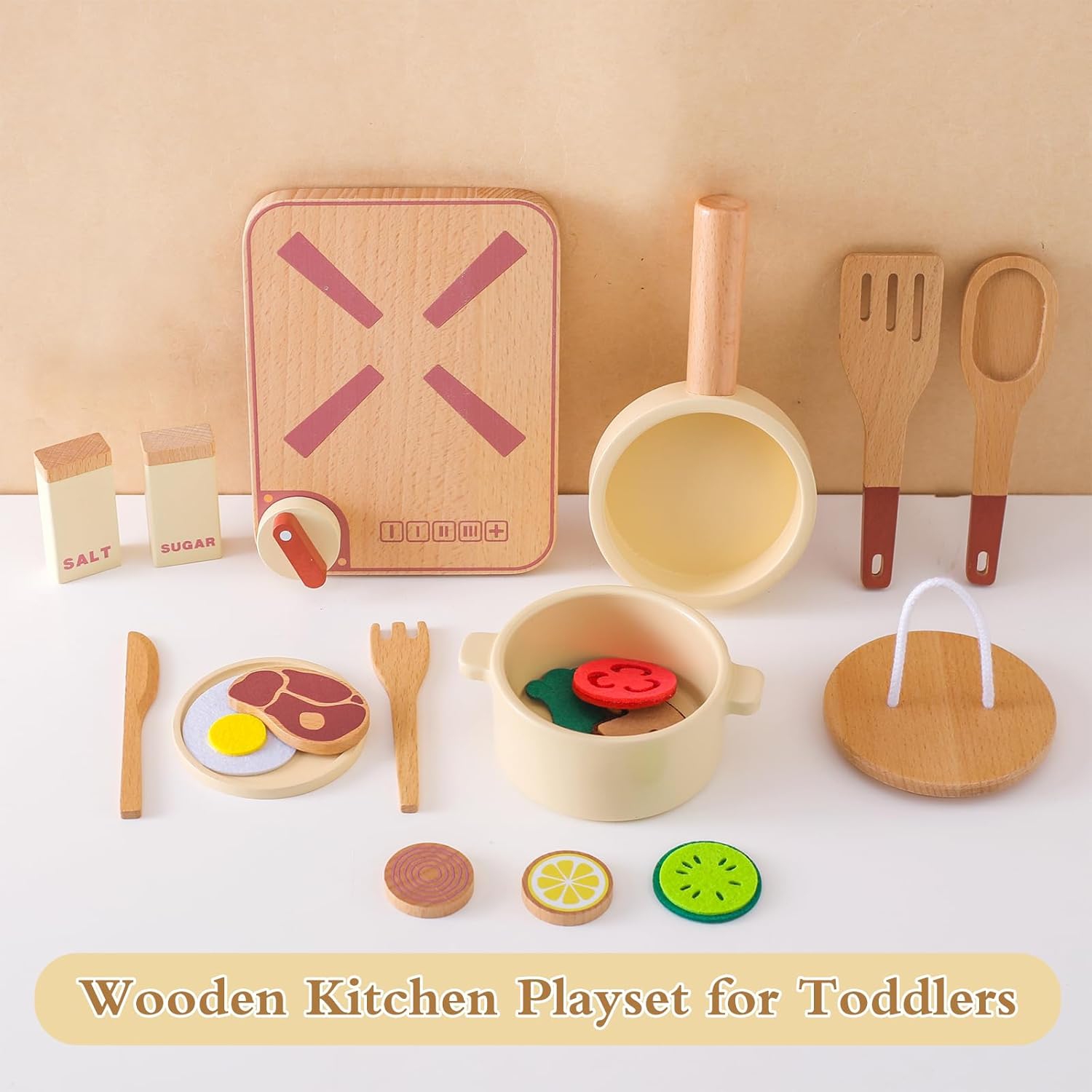 Deluxe 18-Piece Wooden Kids Kitchen Play Set - Complete Cooking Simulator with Pots, Food Slicer and More - Wooden Toys for Toddlers - Perfect Gift