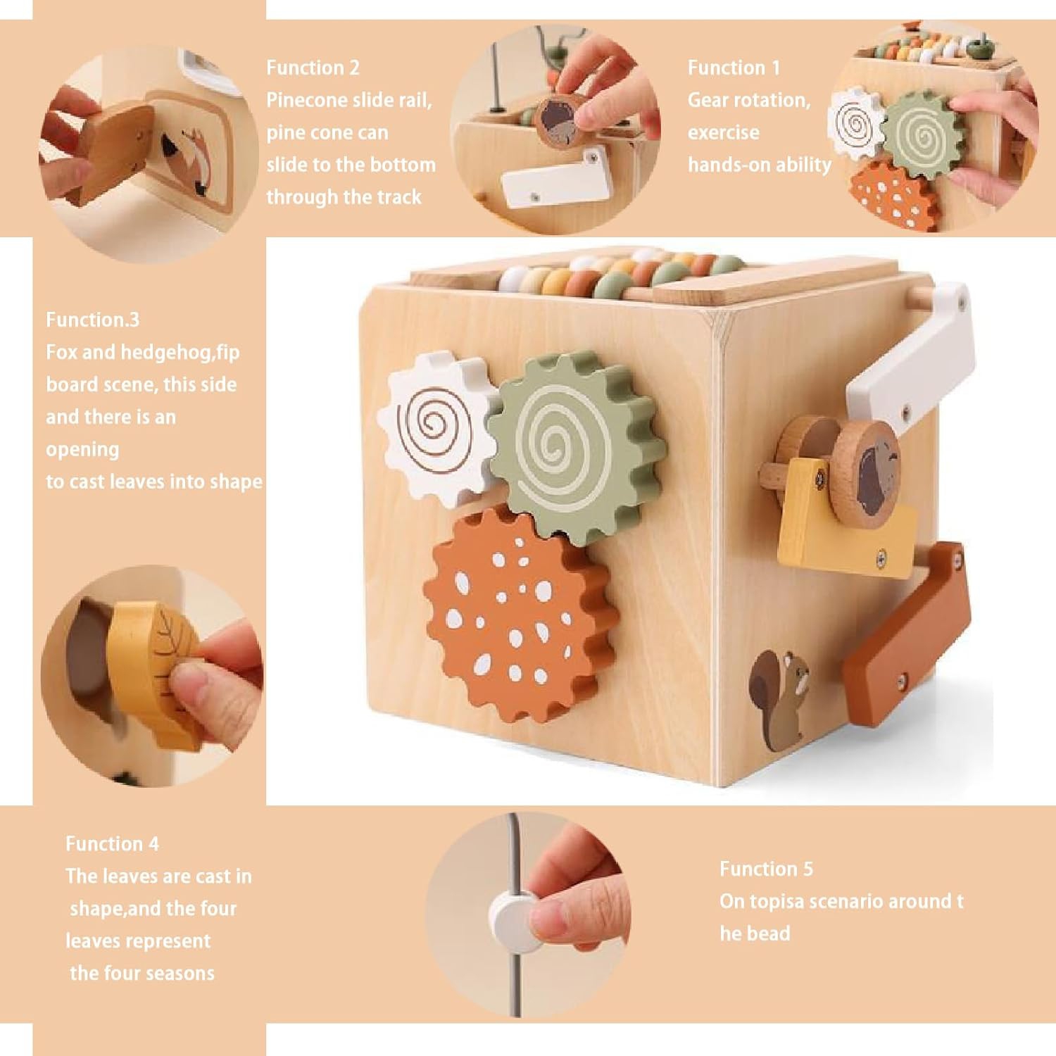 Wooden Activity Cube - 5-in-1 Educational Baby Toy with Shape Sorter, Xylophone and Bead Maze - Fine Motor Skill Development Toy - Eco-Friendly Gift