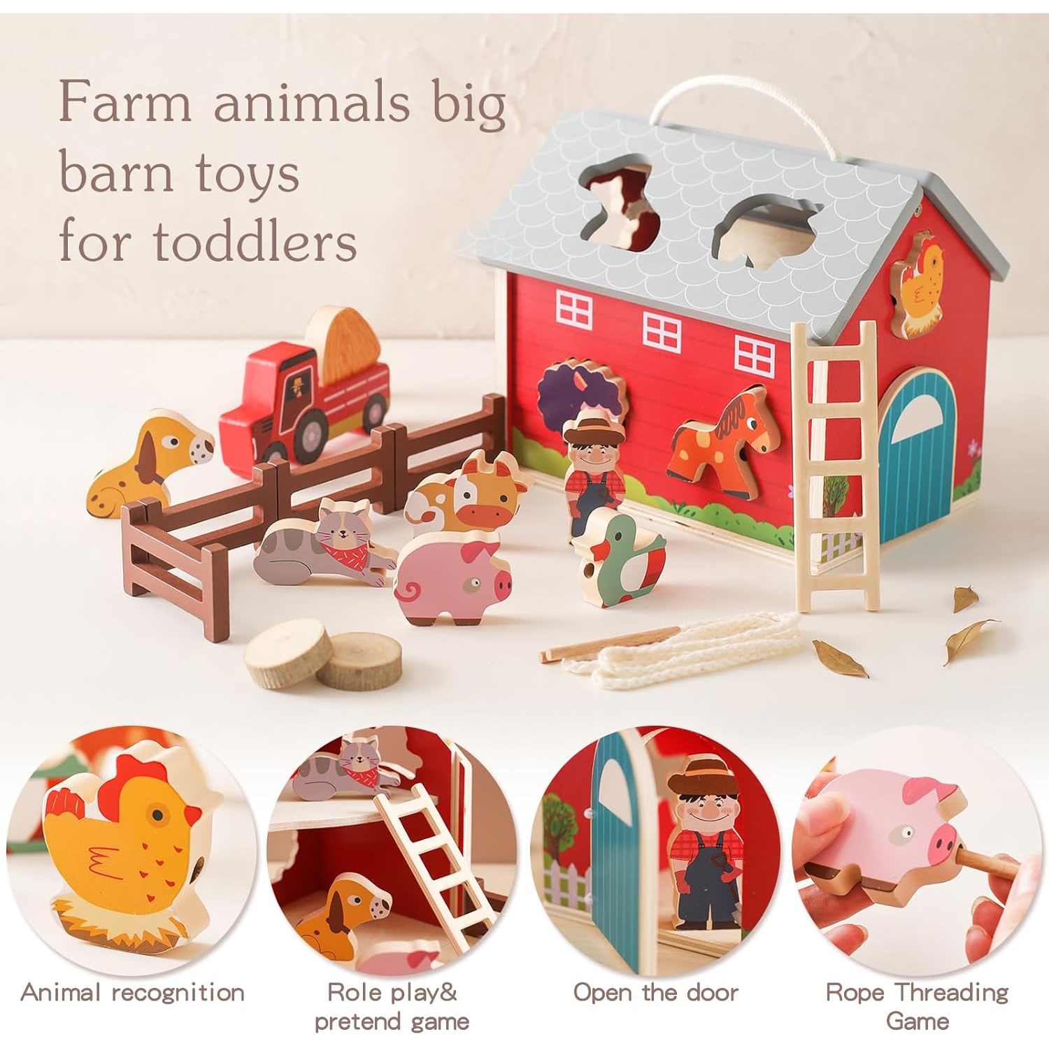 Large Wooden Farm Barn Playset - Simulation Building Blocks with Tractor, Farmer and Animals - Portable Educational Farm Toy for Toddlers -