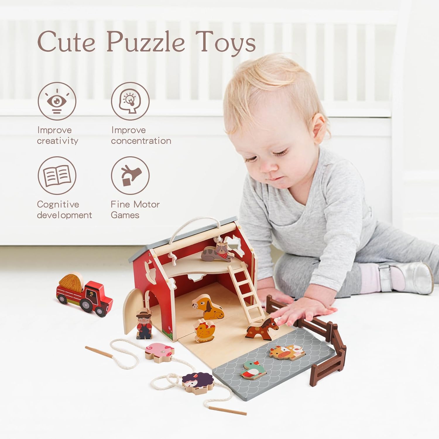 Large Wooden Farm Barn Playset - Simulation Building Blocks with Tractor, Farmer and Animals - Portable Educational Farm Toy for Toddlers -