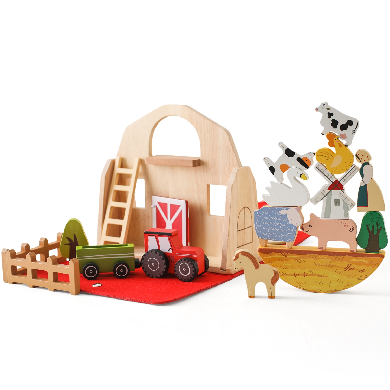 Wooden Farm Animals Playset - Toddler Educational Shape Sorter and Finger Puppet Playset - Eco-Friendly Learning Barn with Sturdy Animal Models -