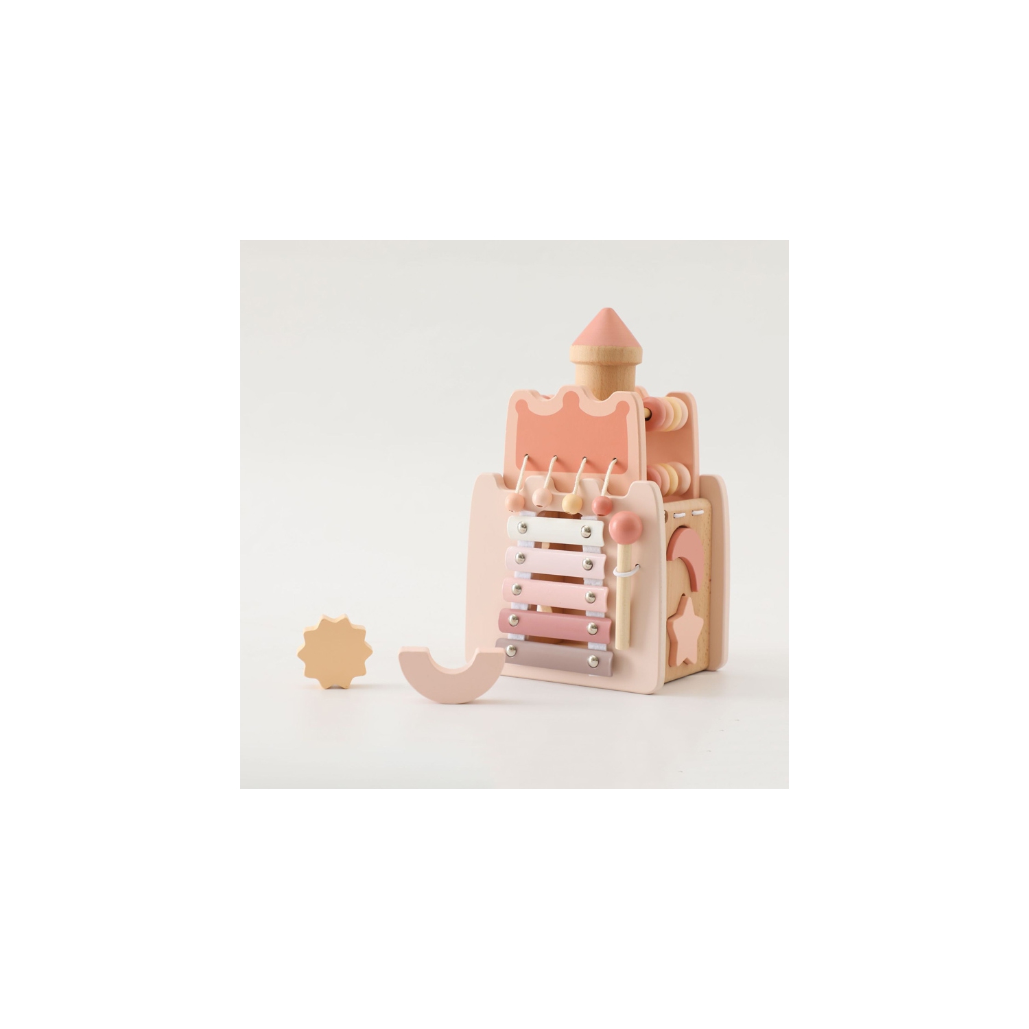 Wooden Castle Activity Cube - 5-in-1 Educational Learning Toy with Xylophone, Shape Sorter and Counting Beads - Fine Motor Skills Toy for Toddlers -