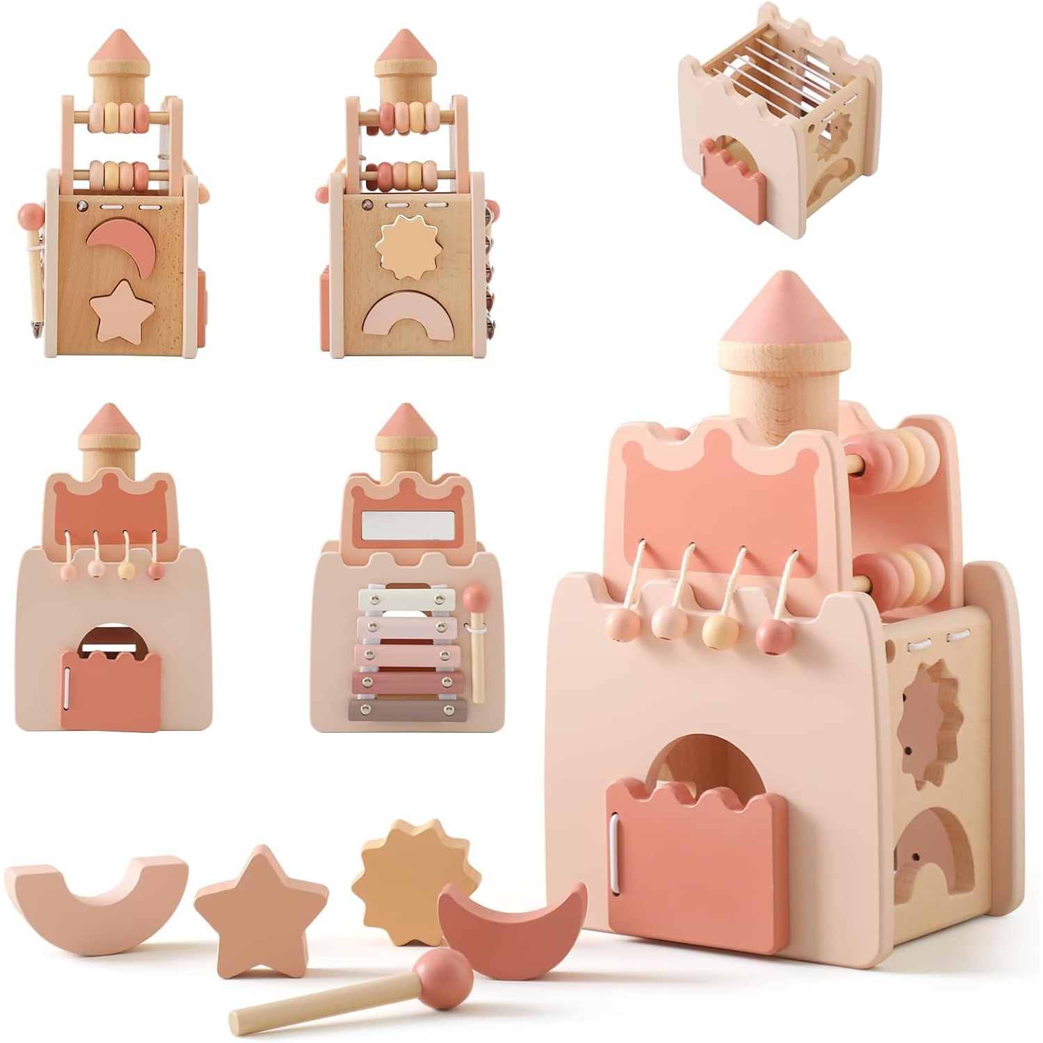 Wooden Castle Activity Cube - 5-in-1 Educational Learning Toy with Xylophone, Shape Sorter and Counting Beads - Fine Motor Skills Toy for Toddlers -