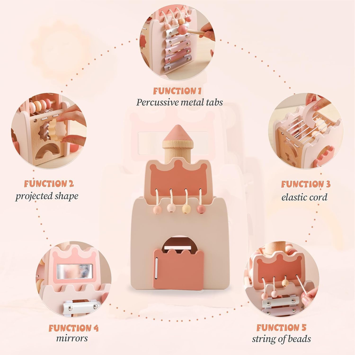 Wooden Castle Activity Cube - 5-in-1 Educational Learning Toy with Xylophone, Shape Sorter and Counting Beads - Fine Motor Skills Toy for Toddlers -