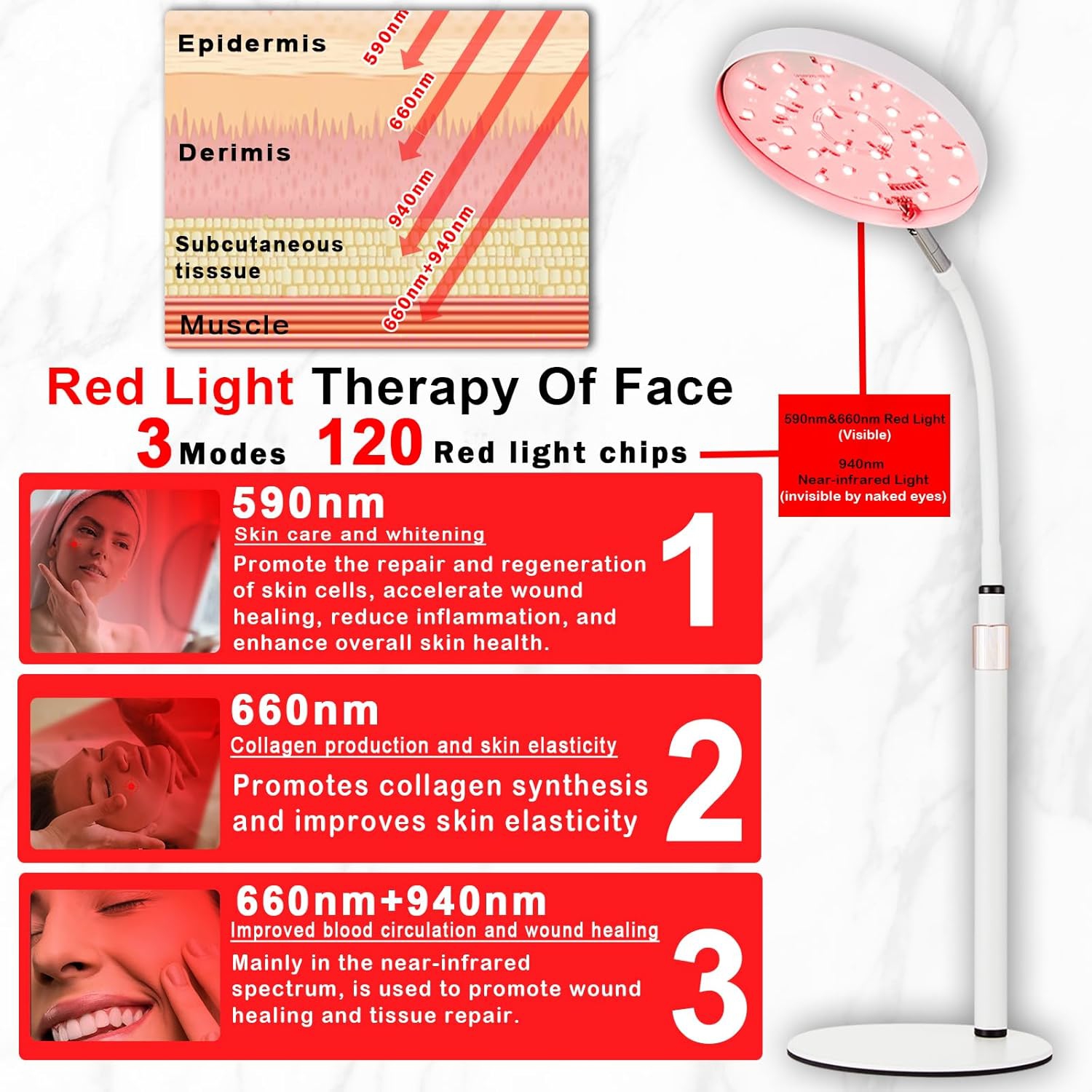 Red light therapy lamp for face and body treatments with adjustable height stand, 120 LEDs, 660nm, 850nm, muscle pain relief, skin rejuvenation -