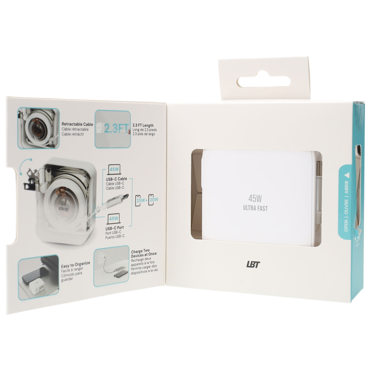 LBT 45W USB Type-C PD Wall Charger with Built-In Retractable Cable