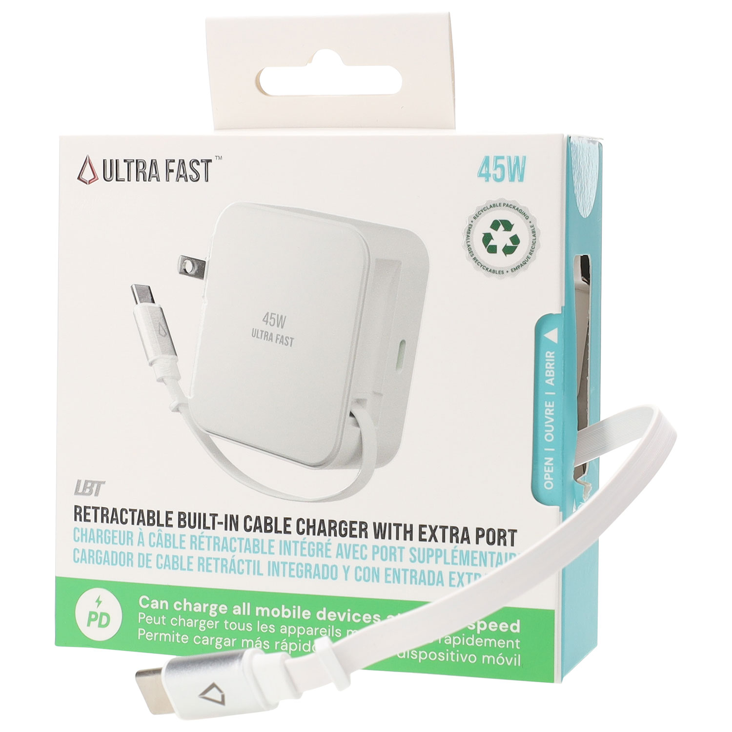 LBT 45W USB Type-C PD Wall Charger with Built-In Retractable Cable