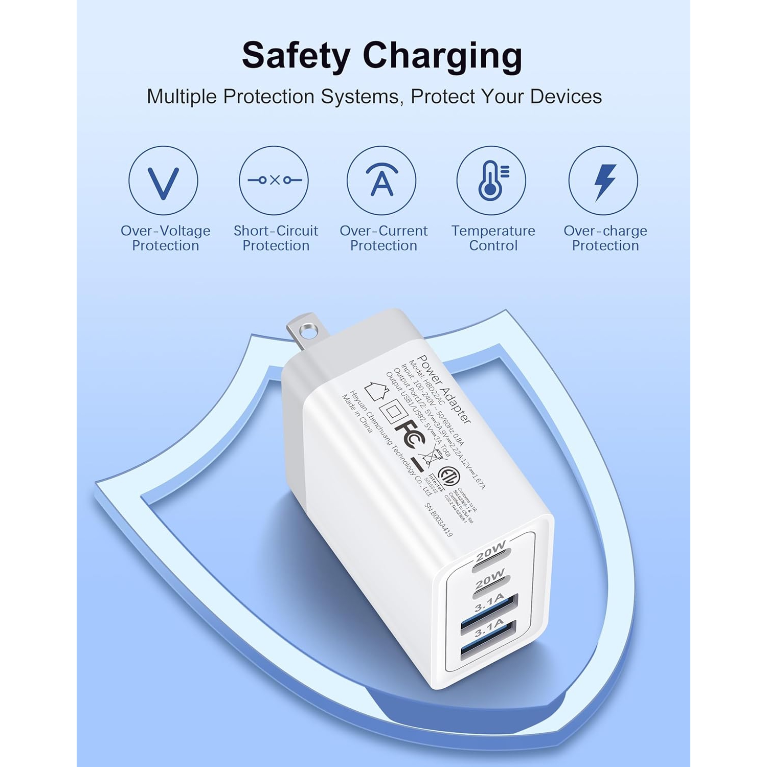 Chargeur mural USB-C, bloc de chargement double USB-C PD à 4 ports de 40&nbsp;W + bloc de chargement multiport à 2 prises murales USB pour iPhone 16e