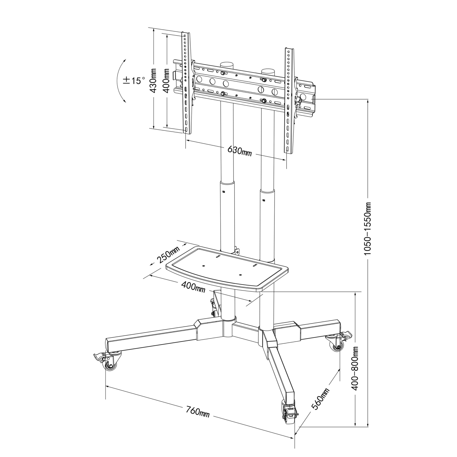 Boost Industries UC3770 Universal Mobile Height Adjustable TV Cart for 32″ to 70″ TVs