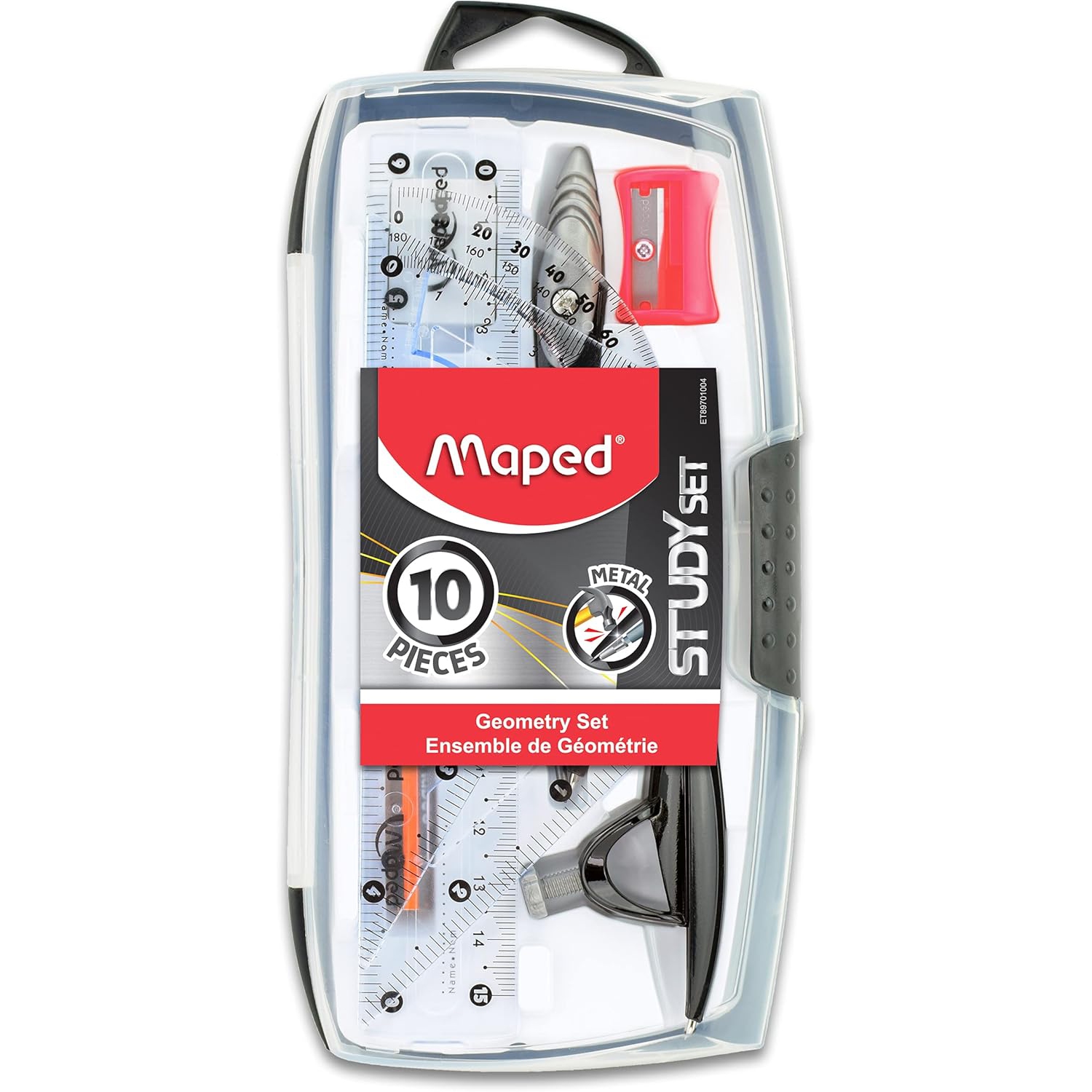 Maped Study Geometry 10 Piece Set, includes: 2 Metal Study Compasses, 2 Triangles, 6" Ruler, 4" Protractor, Pencil for Compass, Pencil Sharpener,