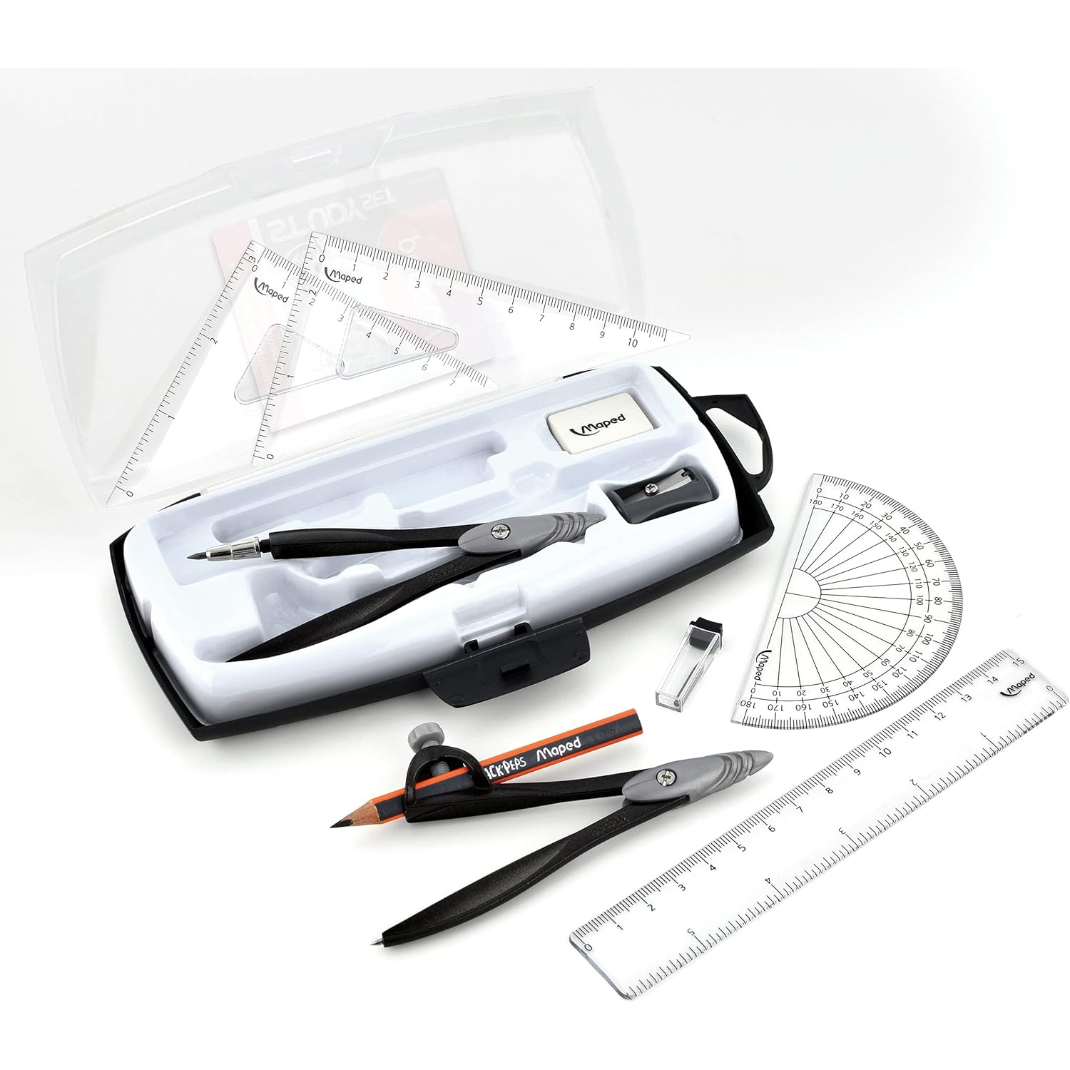 Maped Study Geometry 10 Piece Set, includes: 2 Metal Study Compasses, 2 Triangles, 6" Ruler, 4" Protractor, Pencil for Compass, Pencil Sharpener,