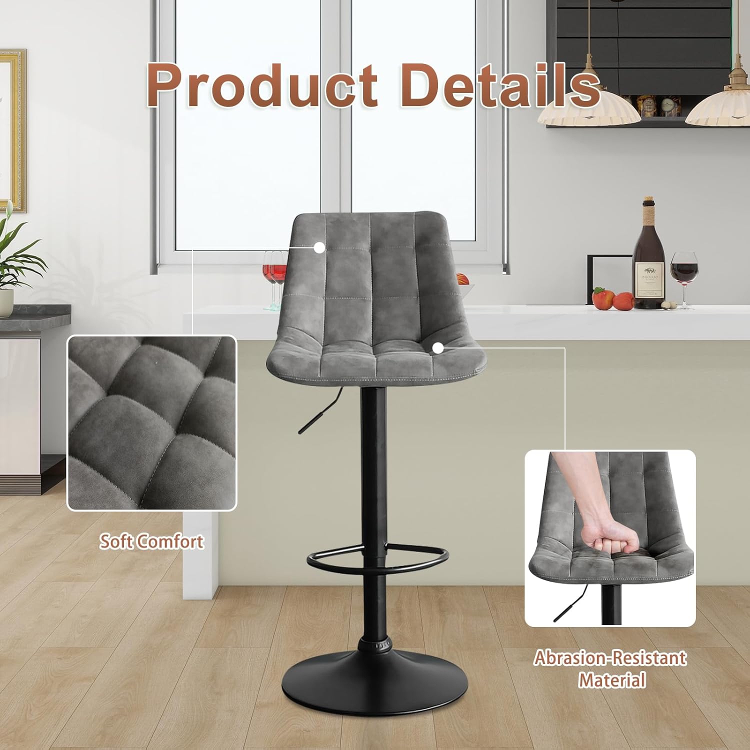 Bar Stools Set of 2, Swivel BarStools for Kitchen, Adjustable PU Leather Bar Chairs, Modern Armless Kitchen Island Stool, Height Adjustable Counter