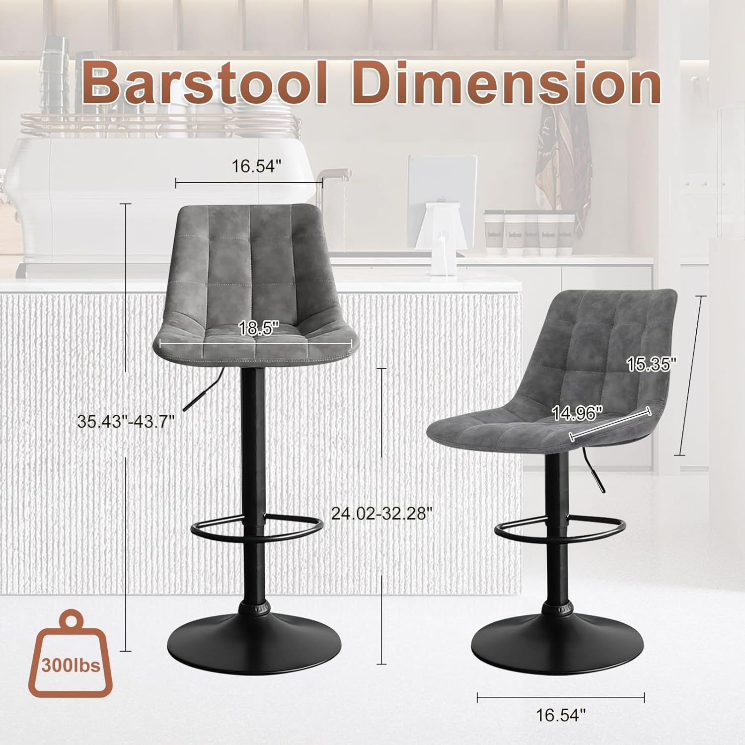 Bar Stools Set of 2, Swivel BarStools for Kitchen, Adjustable PU Leather Bar Chairs, Modern Armless Kitchen Island Stool, Height Adjustable Counter