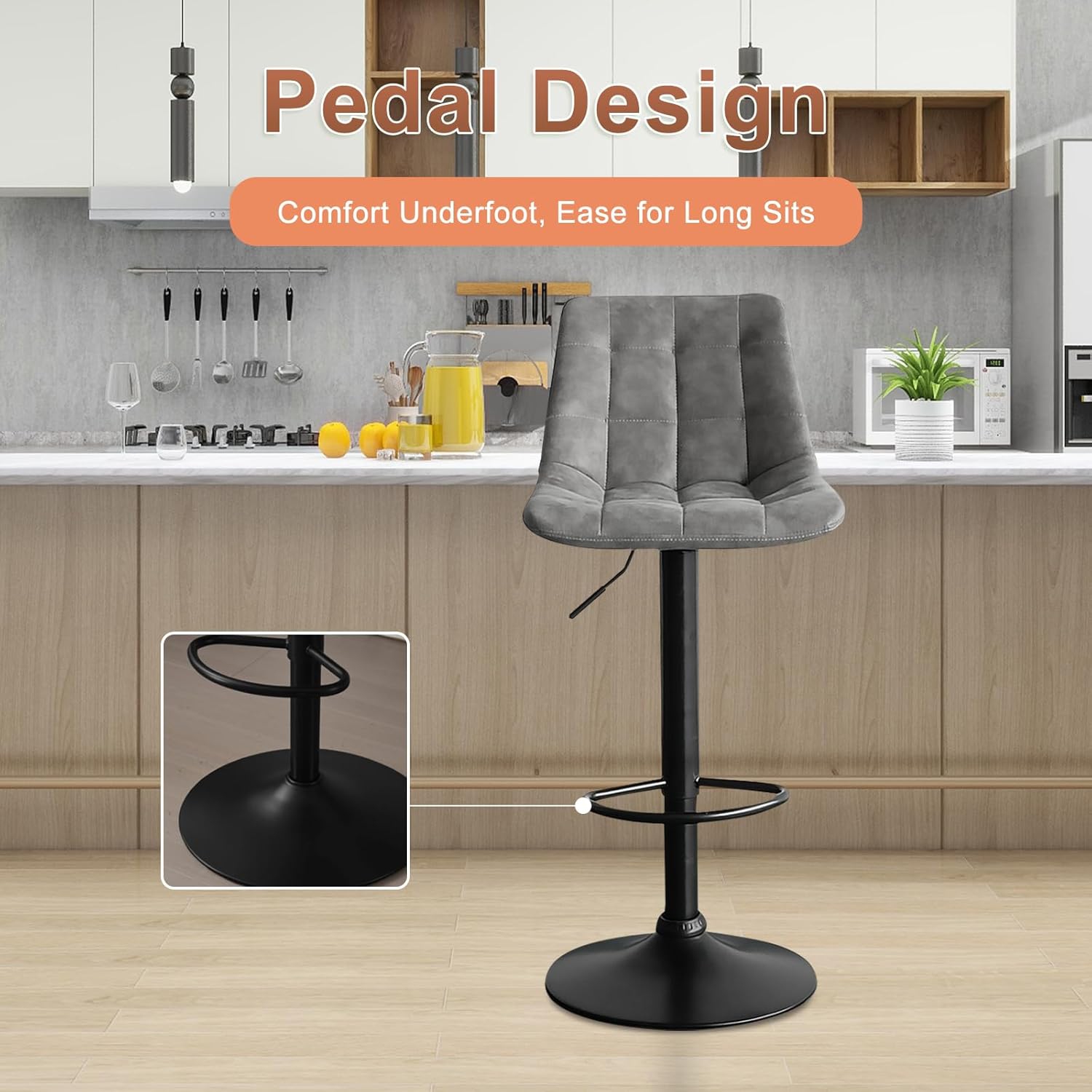 Bar Stools Set of 2, Swivel BarStools for Kitchen, Adjustable PU Leather Bar Chairs, Modern Armless Kitchen Island Stool, Height Adjustable Counter
