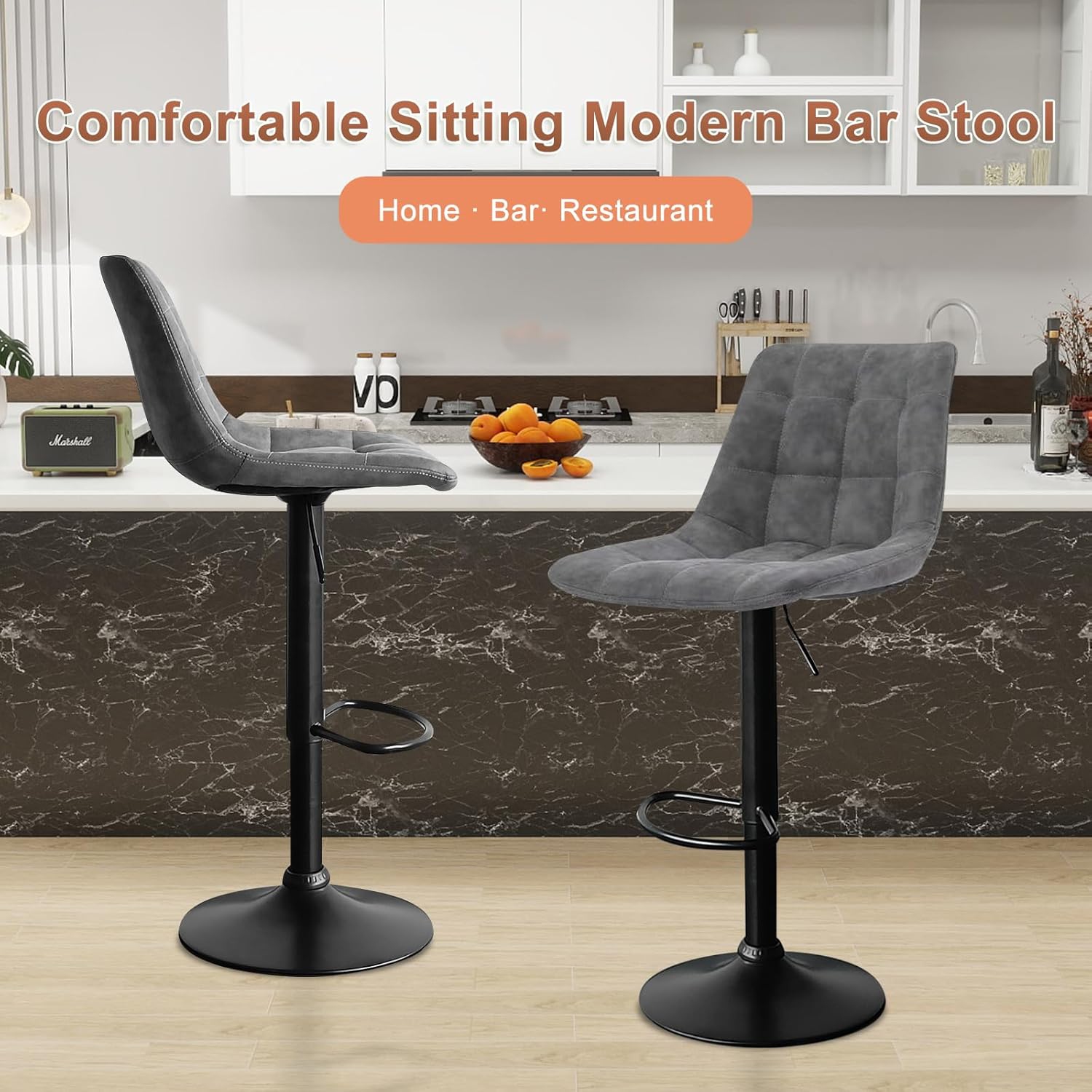 Bar Stools Set of 2, Swivel BarStools for Kitchen, Adjustable PU Leather Bar Chairs, Modern Armless Kitchen Island Stool, Height Adjustable Counter