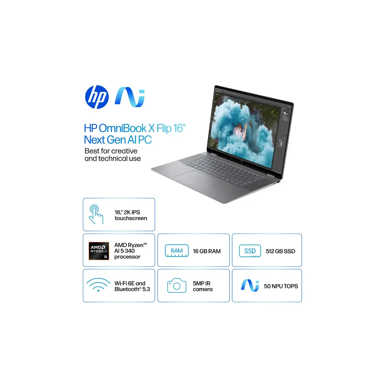 OmniBook X Flip 2-en-1 de HP, portable à écran tactile 2K de 16&nbsp;po, Copilot+PC, Ryzen AI 5 d'AMD, SSD 512&nbsp;Go DDR5 d'16&nbsp;Go, Windows 11