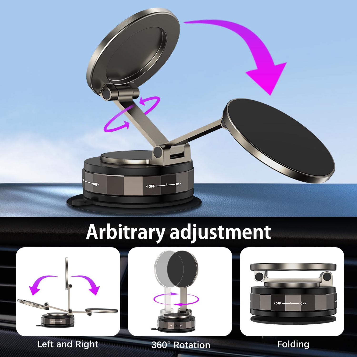 Vacuum Magnetic Phone Holders for Your Car, 360° Adjustable Foldable Suction Cup Phone Mount for iPhone Android Smartphone Car Truck Accessories
