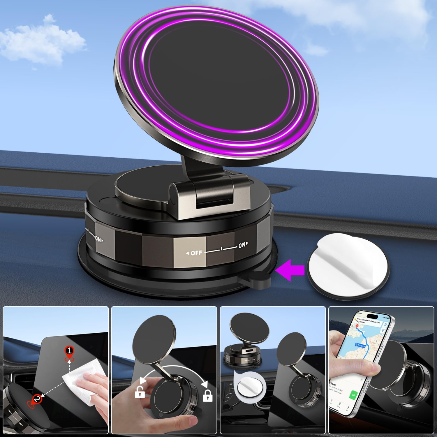 Vacuum Magnetic Phone Holders for Your Car, 360° Adjustable Foldable Suction Cup Phone Mount for iPhone Android Smartphone Car Truck Accessories