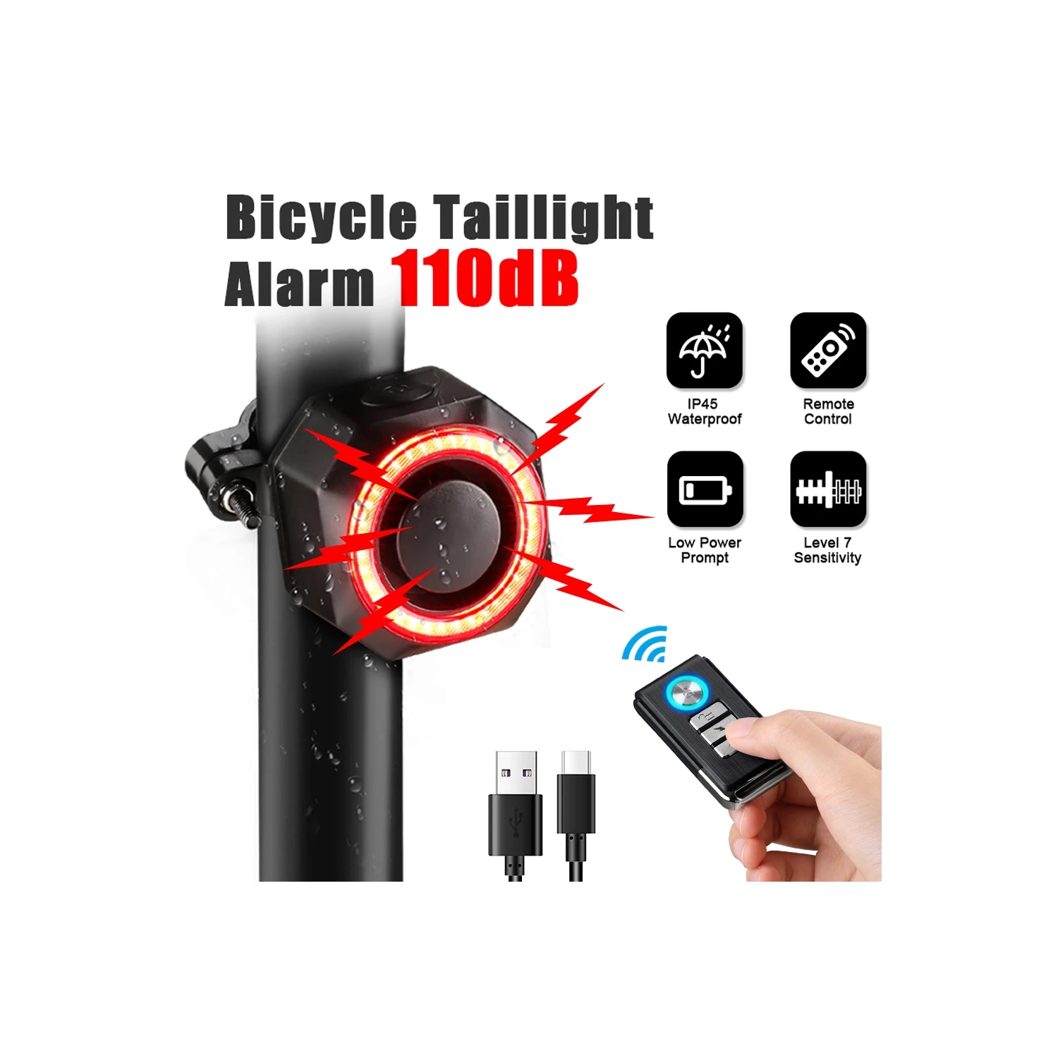 Alarme de vélo USB rechargeable avec support, alarme de vélo électrique avec télécommande, détecteur de mouvement sans fil pour vélo Système antivol