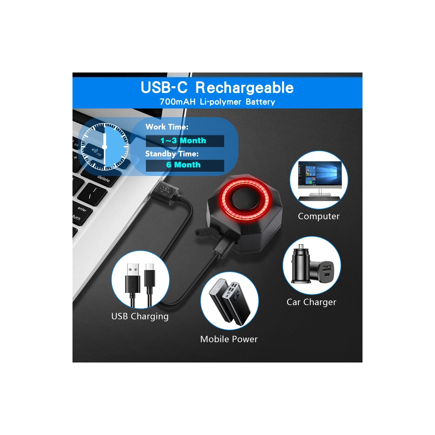 Alarme de vélo USB rechargeable avec support, alarme de vélo électrique avec télécommande, détecteur de mouvement sans fil pour vélo Système antivol