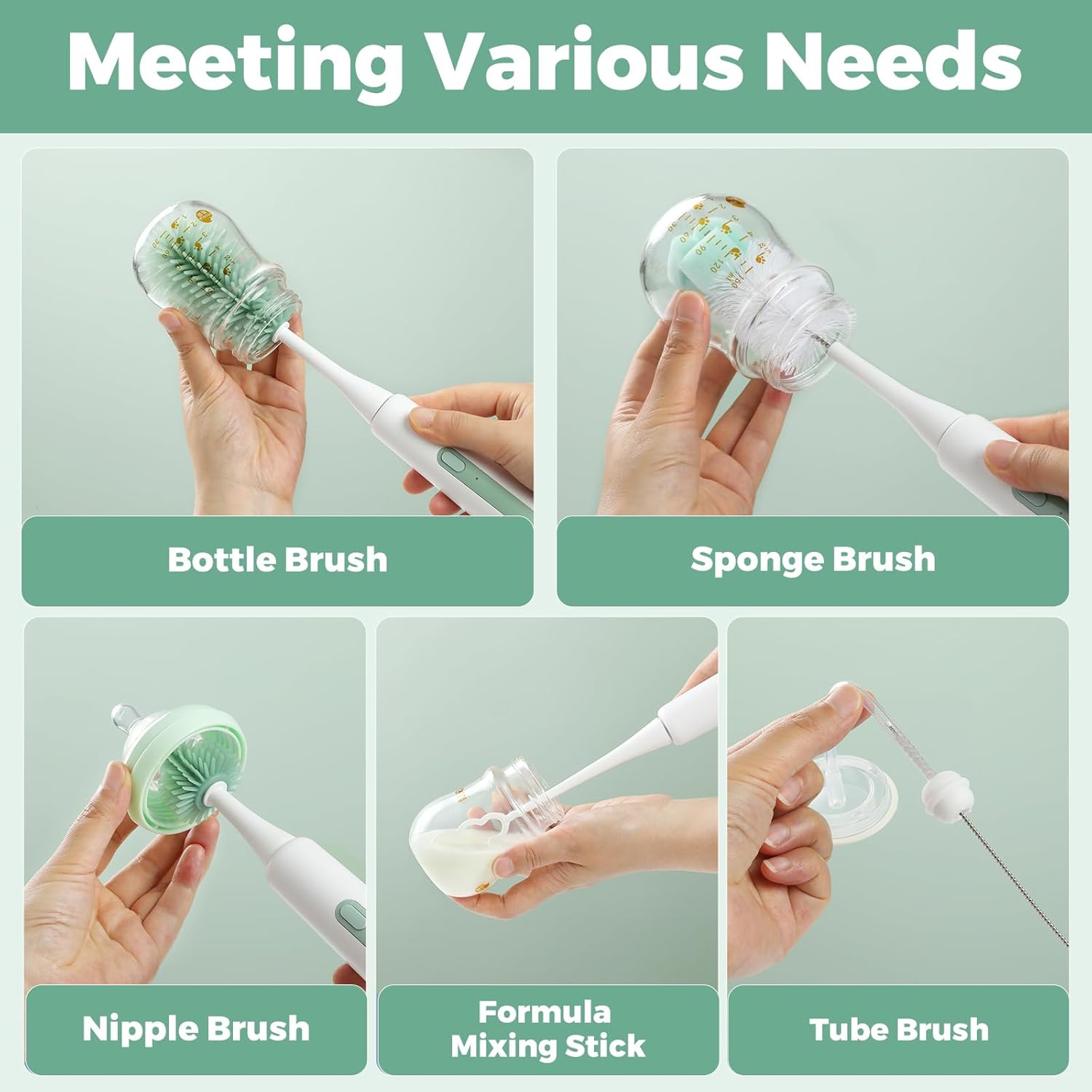 Momcozy 7 in 1 Electric Bottle Brush Kit, Portable Cleaning Set with Formula Mixer, Silicone Brush, Nipple Brush, Straw Brush, Soap Dispenser, Drying