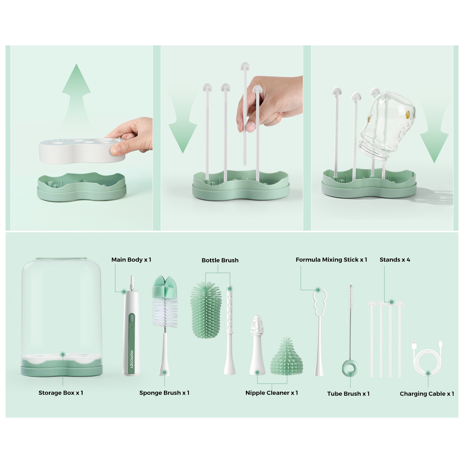 Momcozy 7 in 1 Electric Bottle Brush Kit, Portable Cleaning Set with Formula Mixer, Silicone Brush, Nipple Brush, Straw Brush, Soap Dispenser, Drying