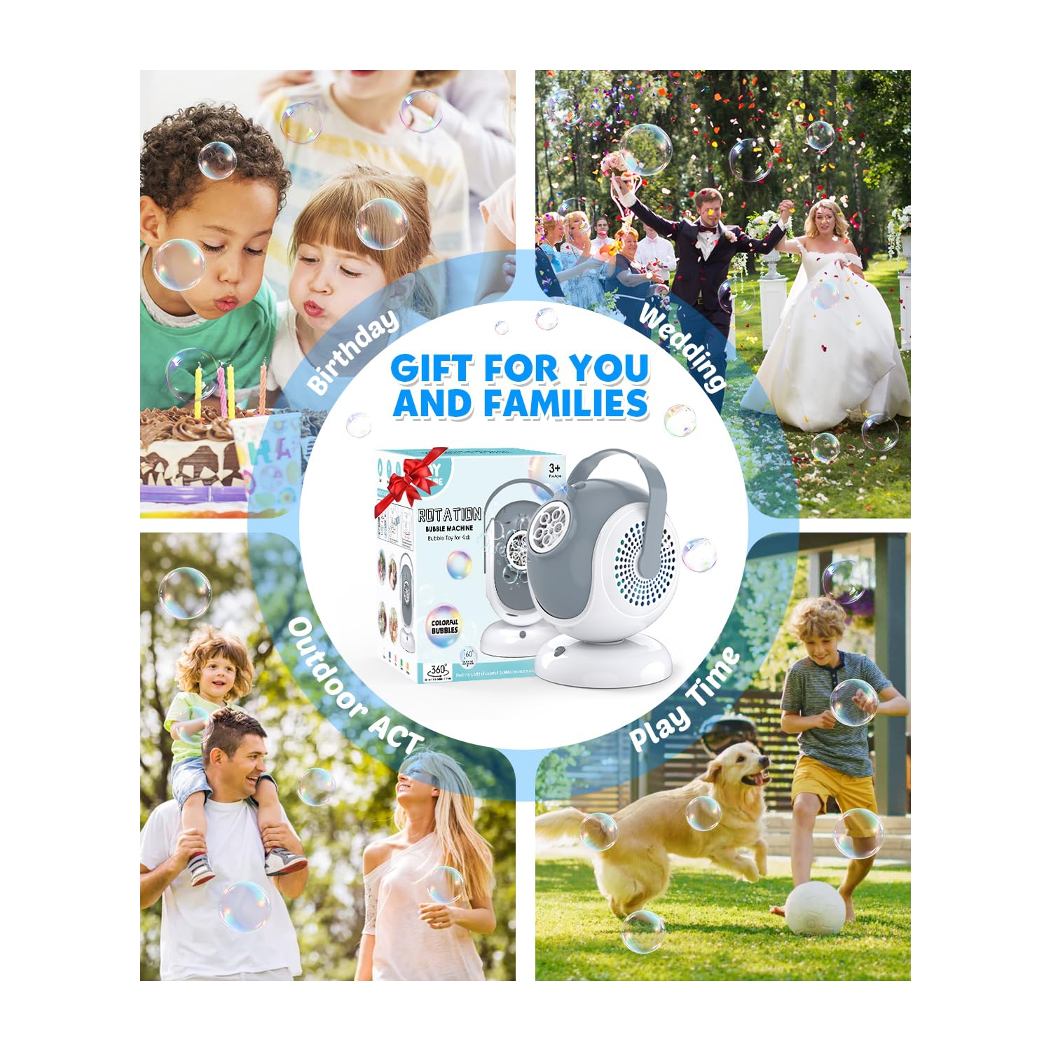 Machine à bulles entièrement automatique, machine à bulles électrique rotative portative, jouet à bulles avec lumière LED, idéal pour les festivals,