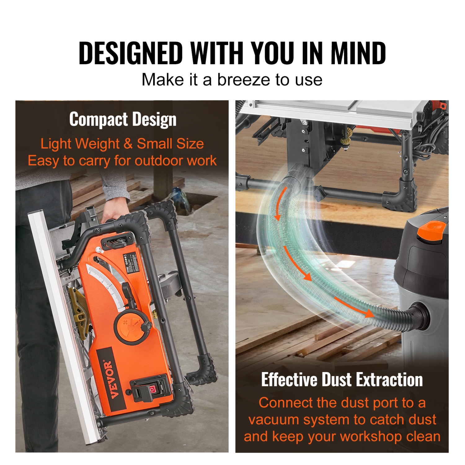 VEVOR 10-inch Table Saw for Jobsite, 15-Amp, 25in Max Rip Capacity, Cutting Speed up to 4500RPM, 40T Blade, with Sliding Miter Gauge for DIY