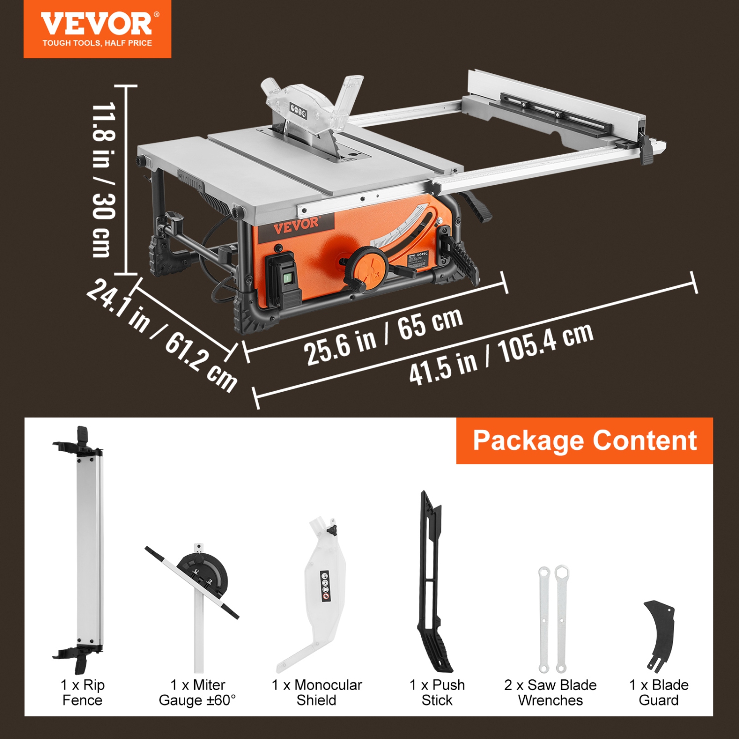 VEVOR 10-inch Table Saw for Jobsite, 15-Amp, 25in Max Rip Capacity, Cutting Speed up to 4500RPM, 40T Blade, with Sliding Miter Gauge for DIY