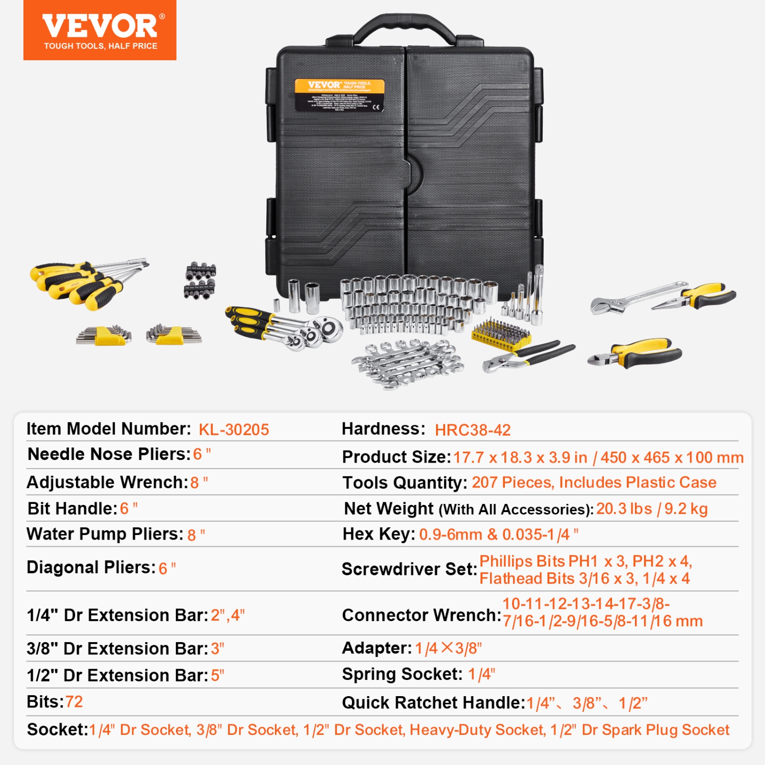 VEVOR 207-Piece Mechanics Tool Set, 1/4" 3/8" 1/2" Drive Sockets, SAE/Metric with Bits, Wrenches, Ratchet Handle, Accessories, and Plastic Storage