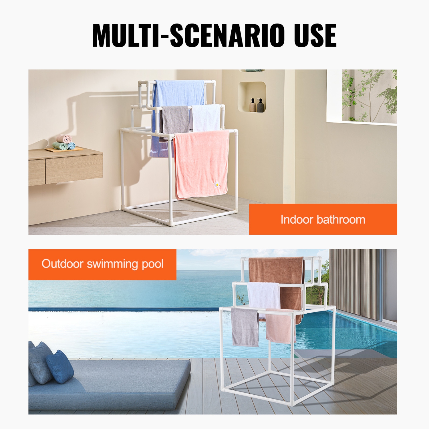 Porte-serviettes VEVOR 8 bars, porte-serviettes extérieur en PVC, support à serviettes autonome à côté du bain bouillonnant, range-linge