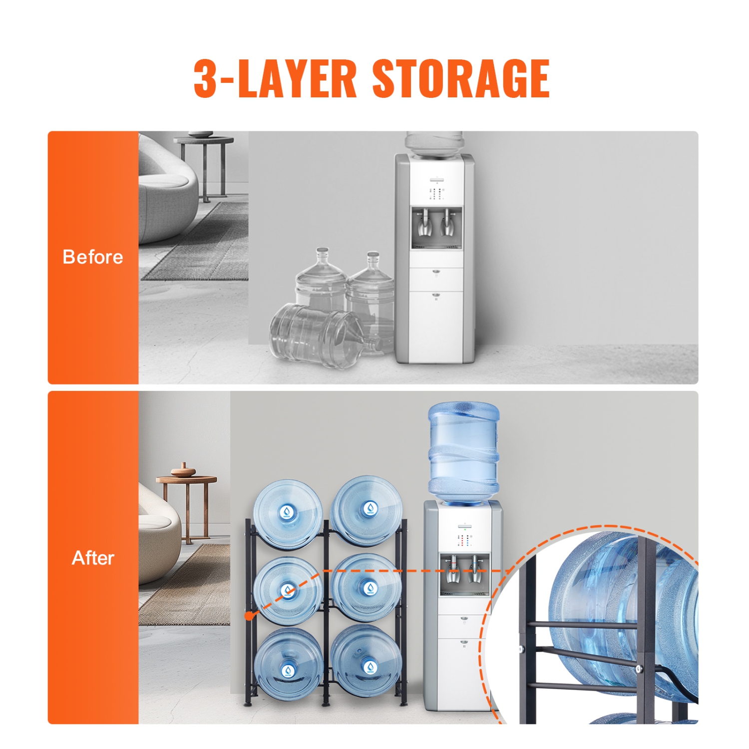 Porte-bouteille VEVOR 3 niveaux, porte-bouteille d'eau de 5 gallons, porte-bouteille à deux rangées pour 6 bouteilles, support robuste pour bidon