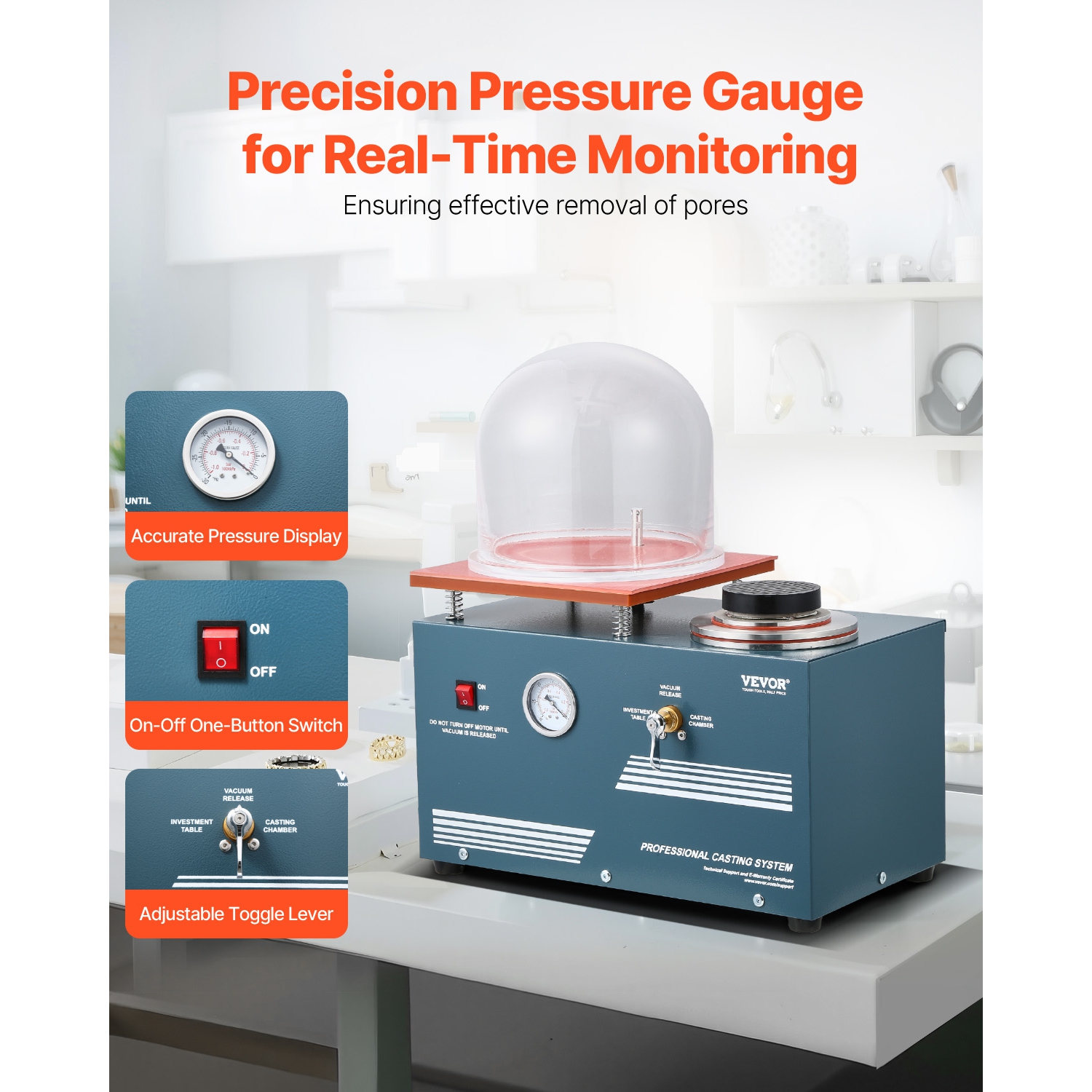VEVOR 290W Vacuum Investing Casting Machine, with 3 CFM Pump and Bell Jar, Convenient Oil Injection Port, Precision Pressure Gauge, 11 x 11 in