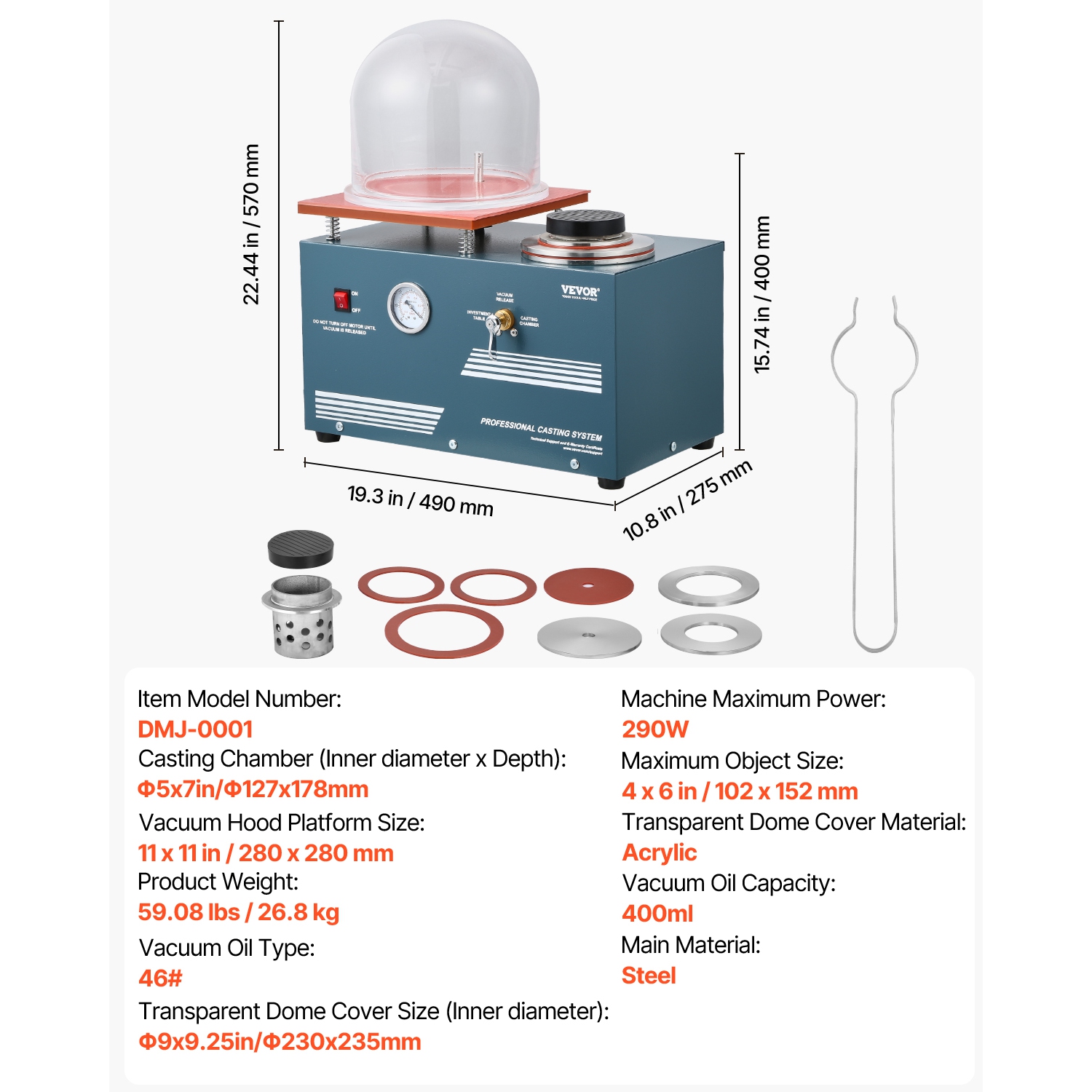 VEVOR 290W Vacuum Investing Casting Machine, with 3 CFM Pump and Bell Jar, Convenient Oil Injection Port, Precision Pressure Gauge, 11 x 11 in