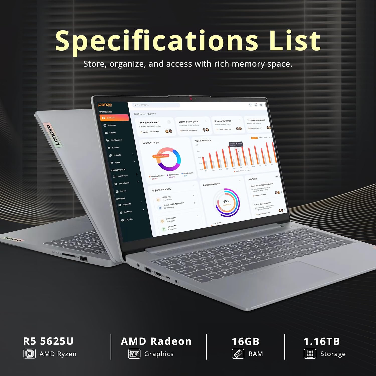 Lenovo IdeaPad Slim 3 15.6" FHD Display Laptop, AMD Ryzen 5 5625U, 1.16TB Storage,16GB RAM, AMD Radeon Graphics, Windows 11 Pro, Gray