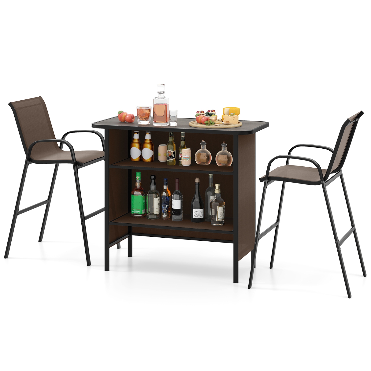 Gymax Set Of 3 Outdoor Bar Set Bar Height Table & Armchairs w/ Footrest 2-Tier Shelf