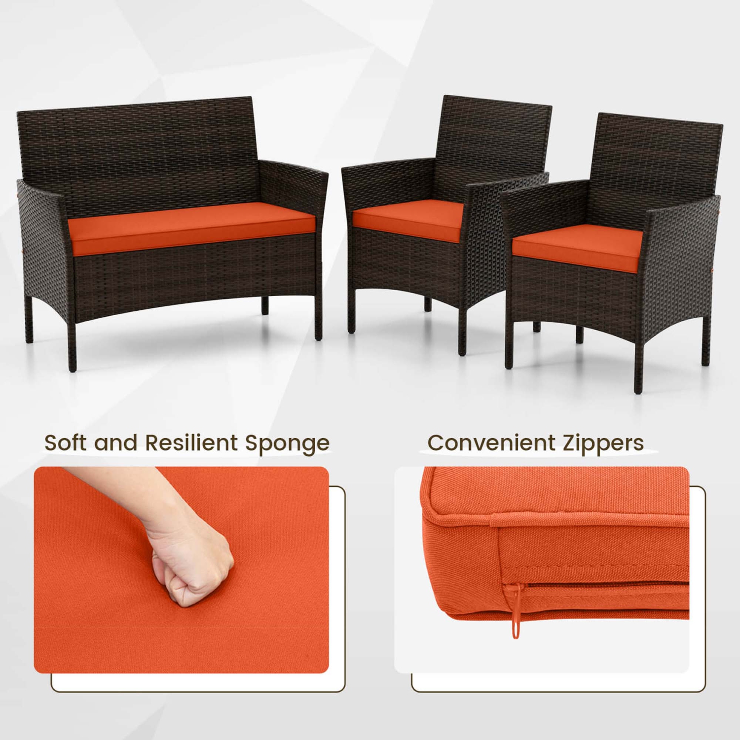 Gymax Set of 4 Furniture Set w/ Washable Cushions & Tempered Glass Coffee Table