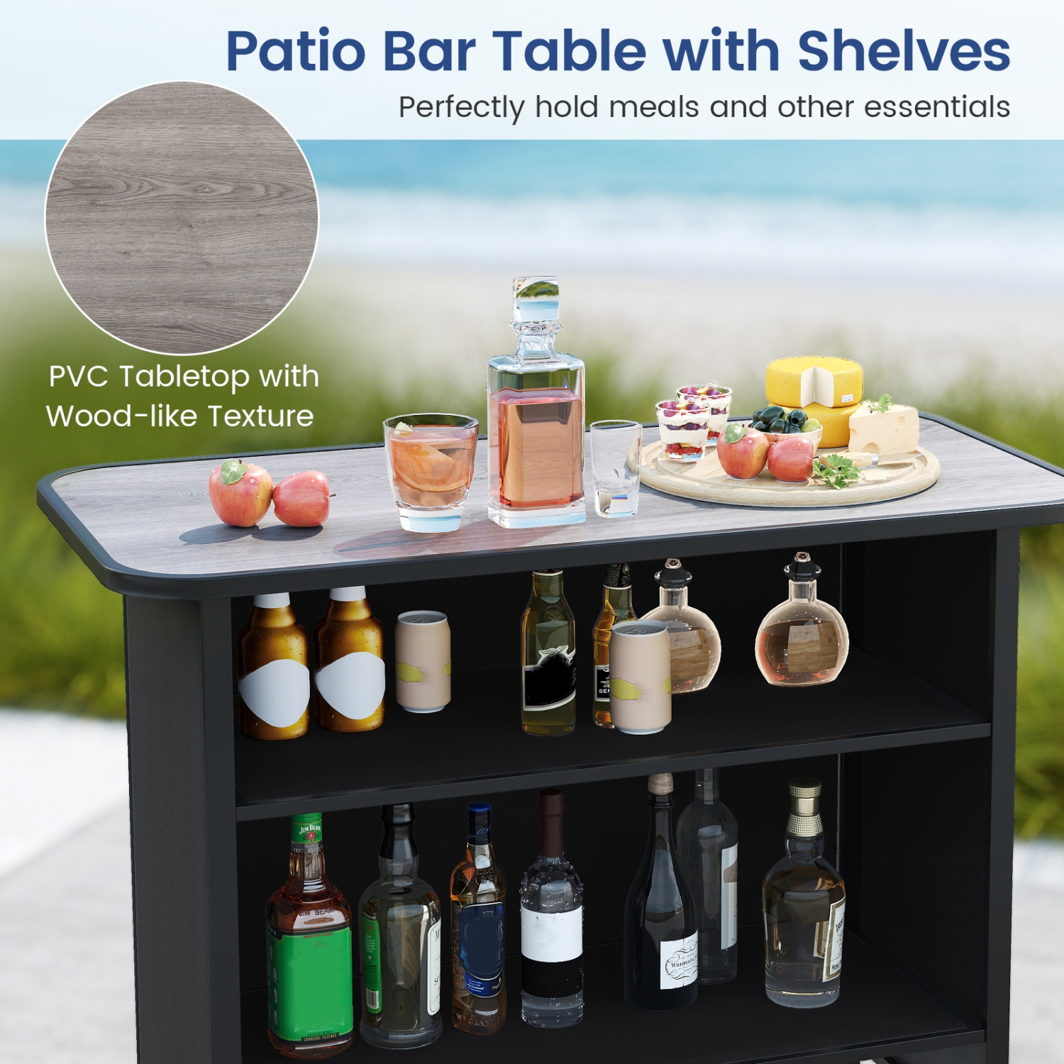 Gymax Set Of 3 Outdoor Bar Set Bar Height Table & Armchairs w/ Footrest 2-Tier Shelf