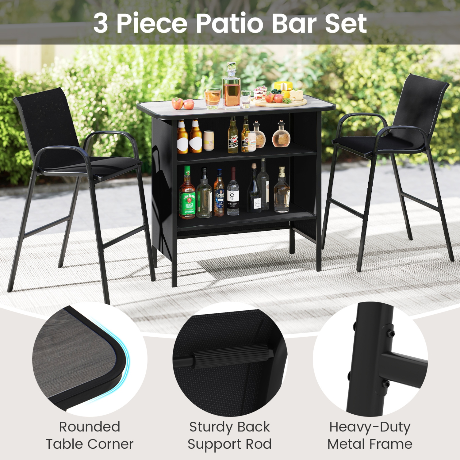 Gymax Set Of 3 Outdoor Bar Set Bar Height Table & Armchairs w/ Footrest 2-Tier Shelf