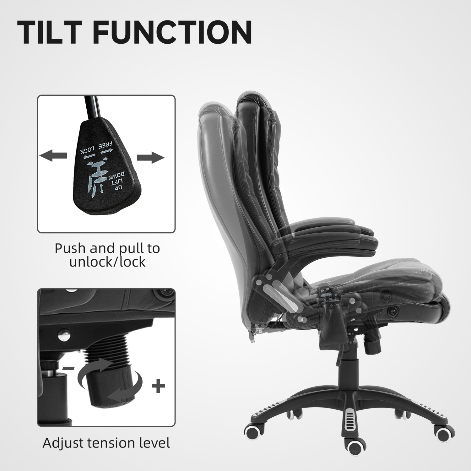 Vinsetto – Fauteuil de bureau de massage avec 6 points de vibration, fauteuil de direction inclinable en cuir de polyuréthane, dossier haut,