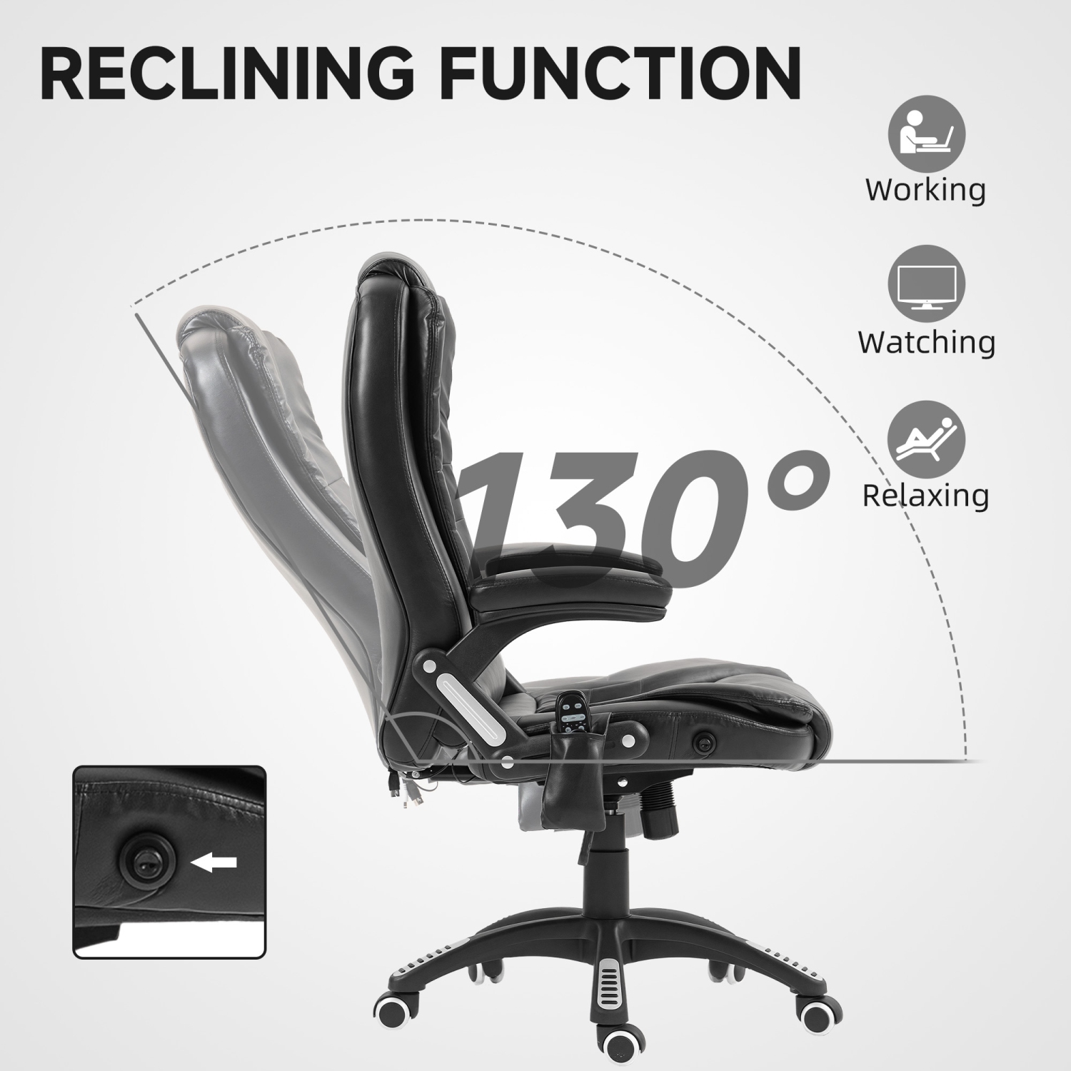 Vinsetto – Fauteuil de bureau de massage avec 6 points de vibration, fauteuil de direction inclinable en cuir de polyuréthane, dossier haut,