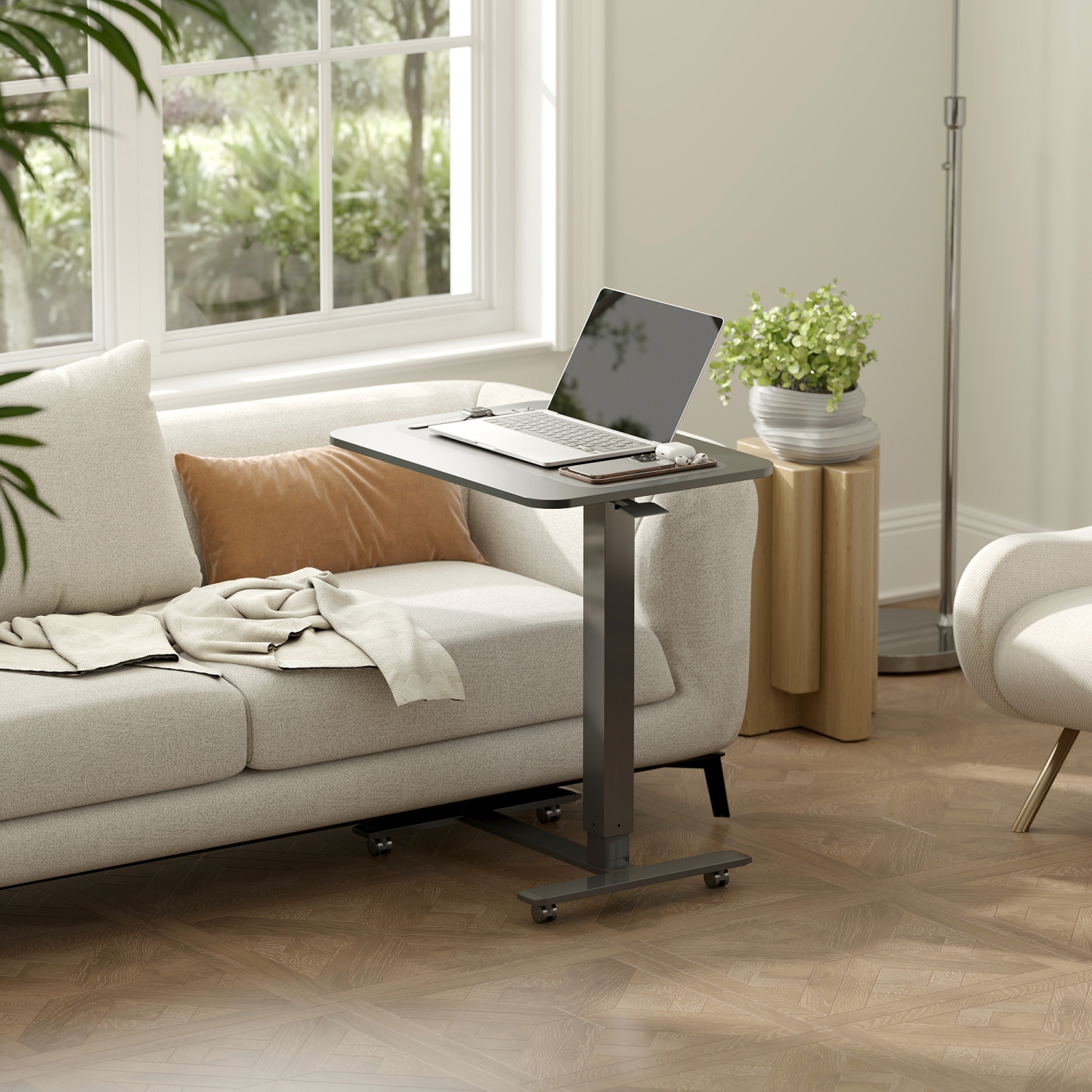 HOMCOM Pneumatic Standing Desk Adjustable Height, Mobile Stand Up Desk with Wheels, 43 Inch Portable Rolling Table, Overbed Table for Home Office,