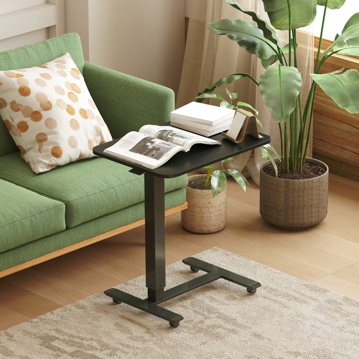 HOMCOM Pneumatic Standing Desk Adjustable Height, Mobile Stand Up Desk with Wheels, 43 Inch Portable Rolling Table, Overbed Table for Home Office,