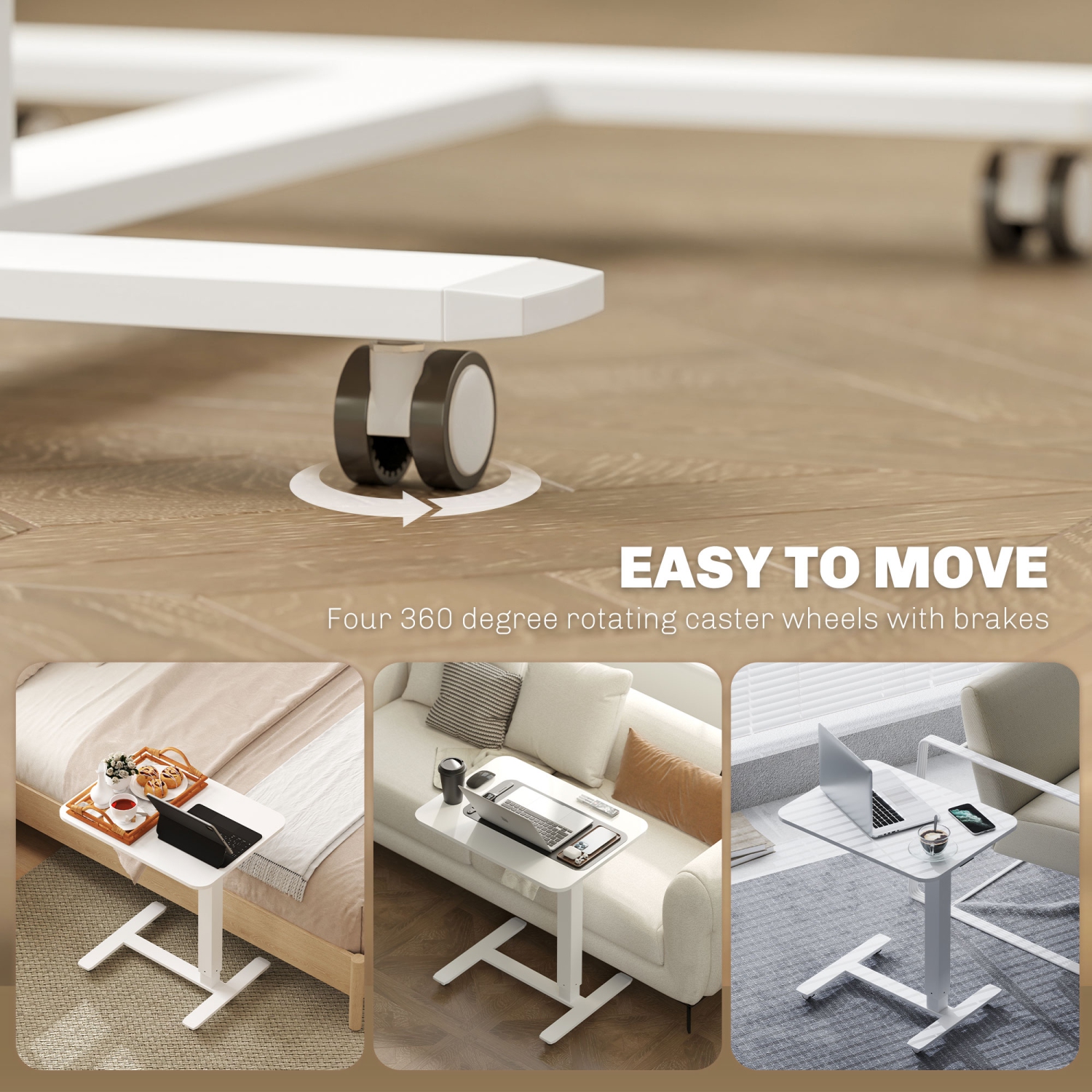 HOMCOM Pneumatic Standing Desk Adjustable Height, Mobile Stand Up Desk with Wheels, 43 Inch Portable Rolling Table, Overbed Table for Home Office,