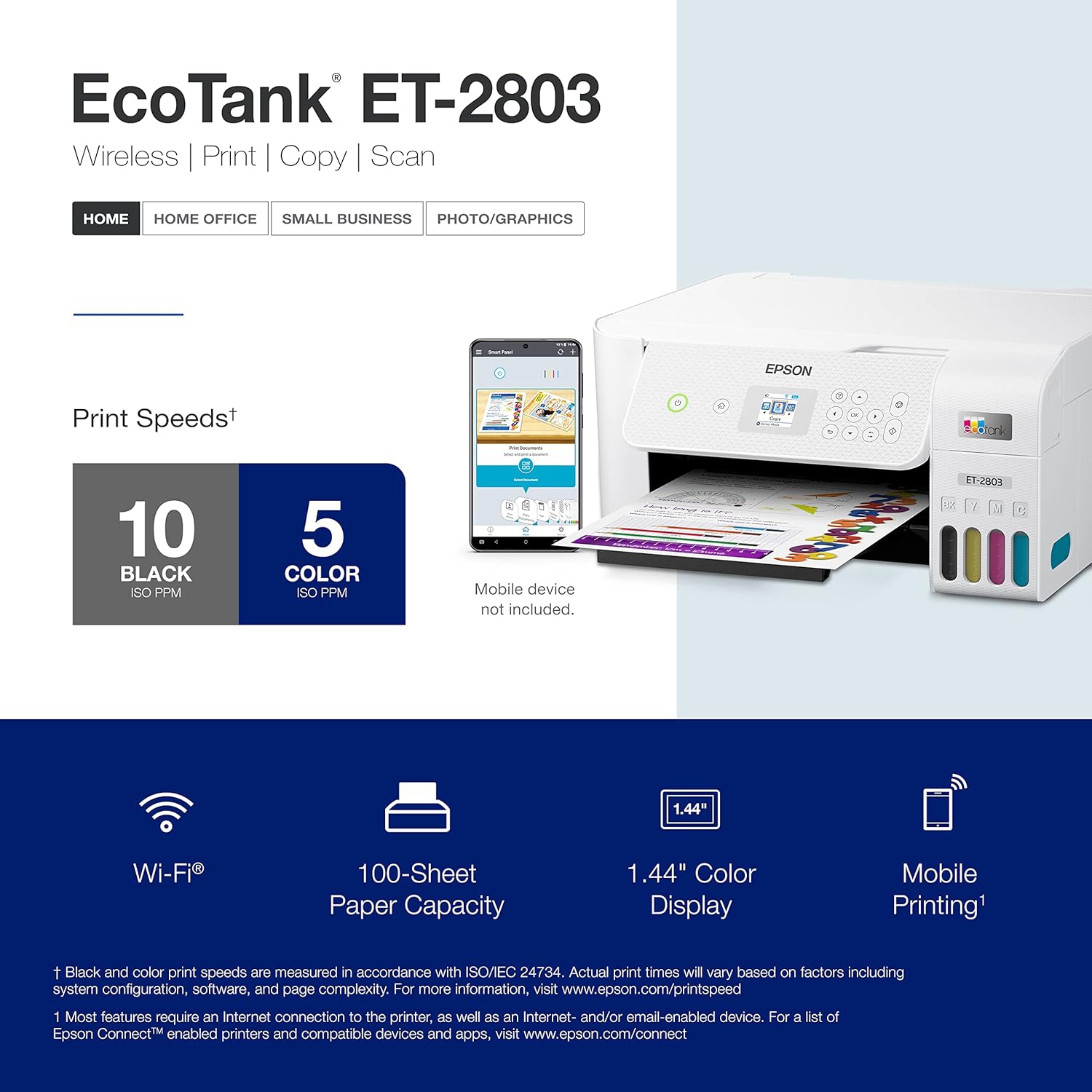 Imprimante tout-en-un couleur sans fil Supertank EcoTank ET-2803 d'Epson avec numériseur et photocopie
